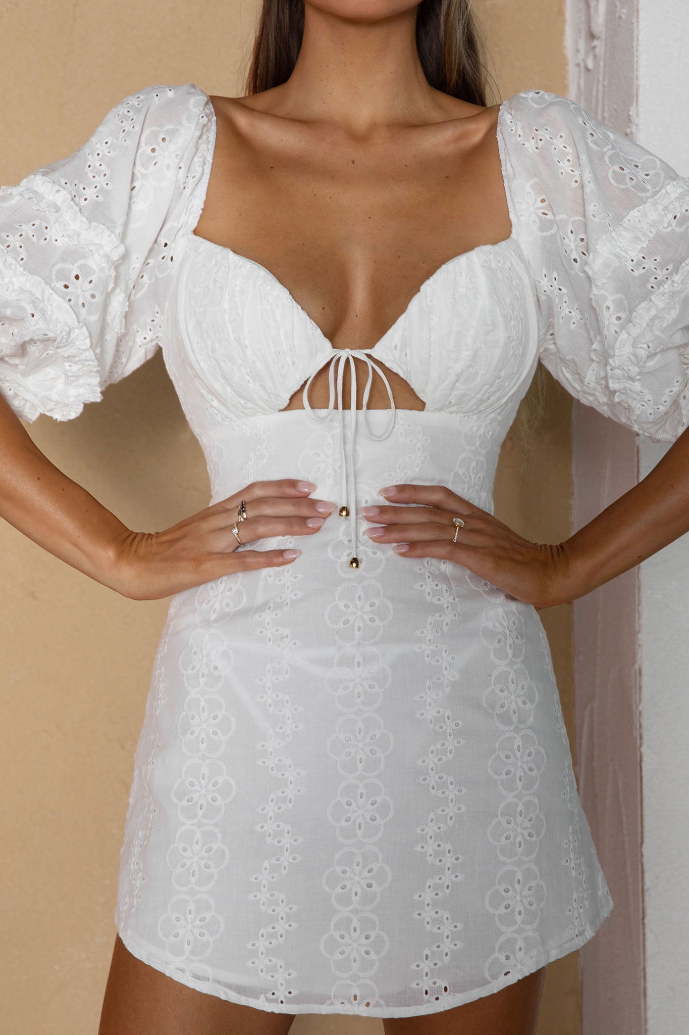 Sweet Romance Puff Sleeve Eyelet Mini Dress White-Maymioy