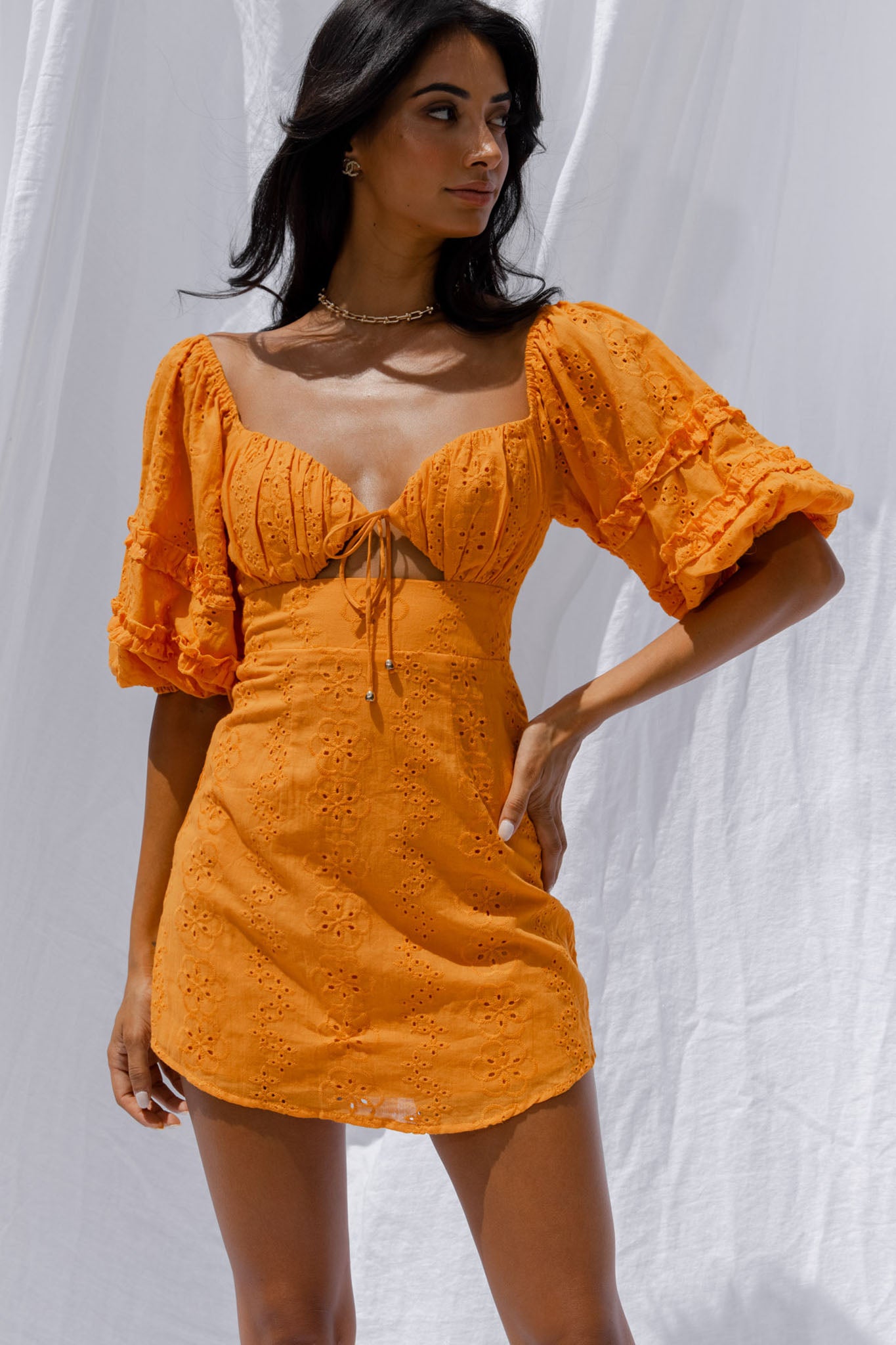 Sweet Romance Puff Sleeve Eyelet Mini Dress Sunset-Maymioy