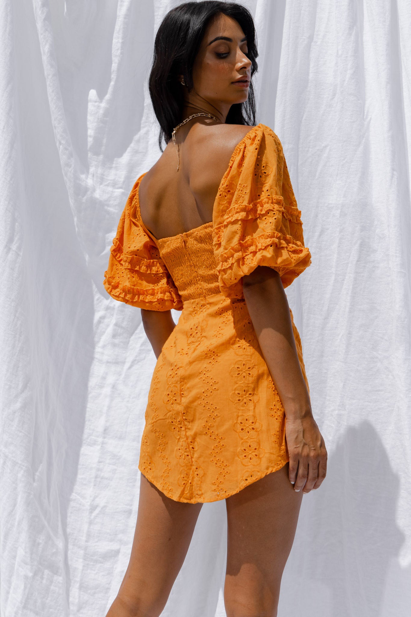 Sweet Romance Puff Sleeve Eyelet Mini Dress Sunset-Maymioy