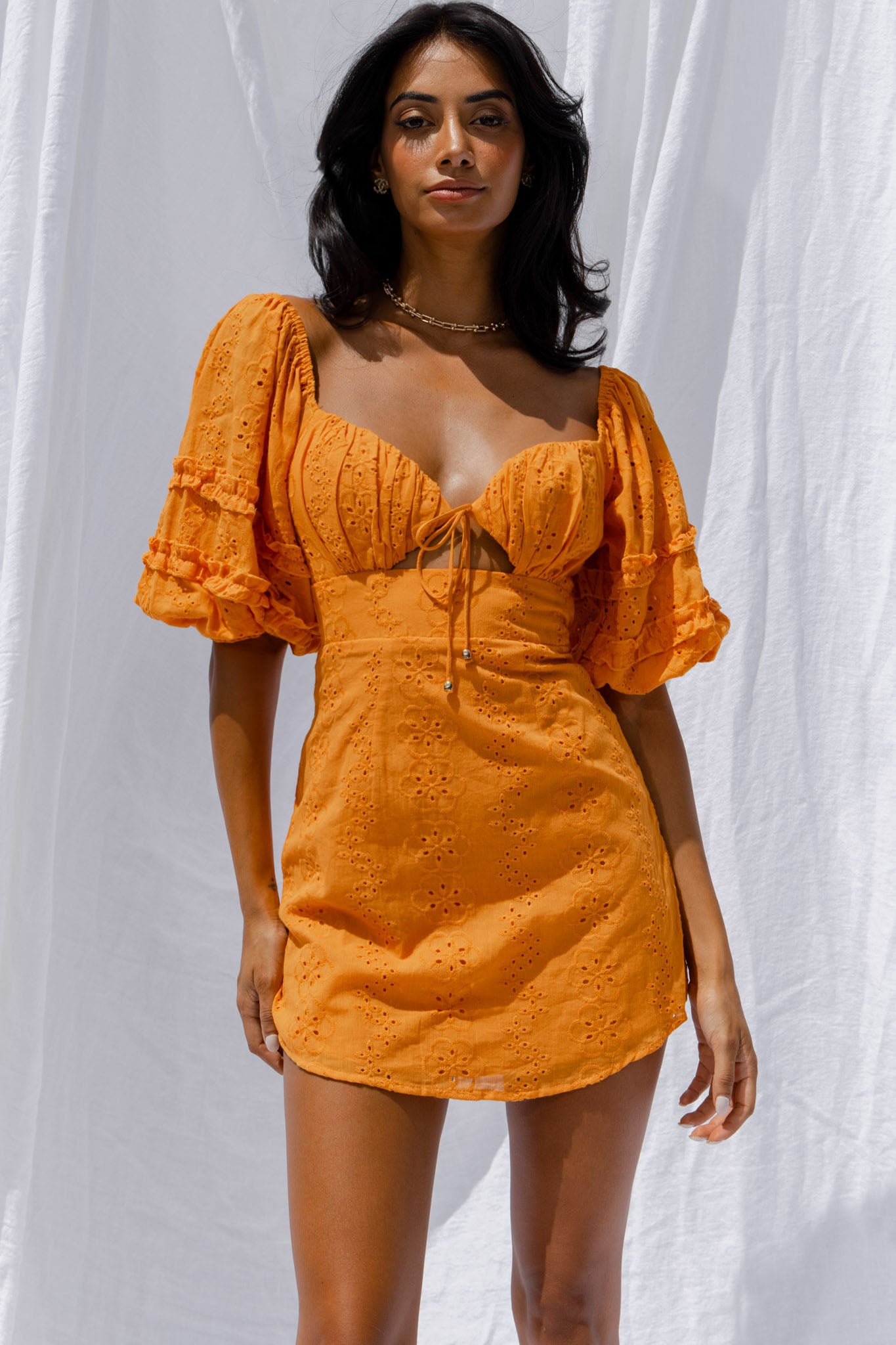 Sweet Romance Puff Sleeve Eyelet Mini Dress Sunset-Maymioy