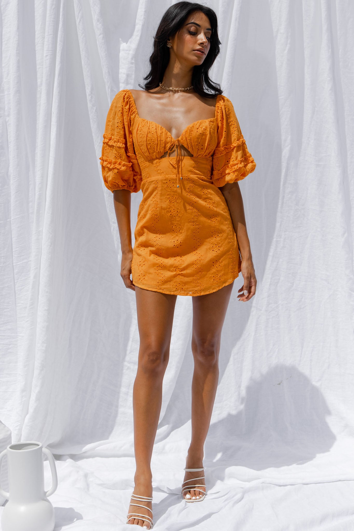 Sweet Romance Puff Sleeve Eyelet Mini Dress Sunset-Maymioy