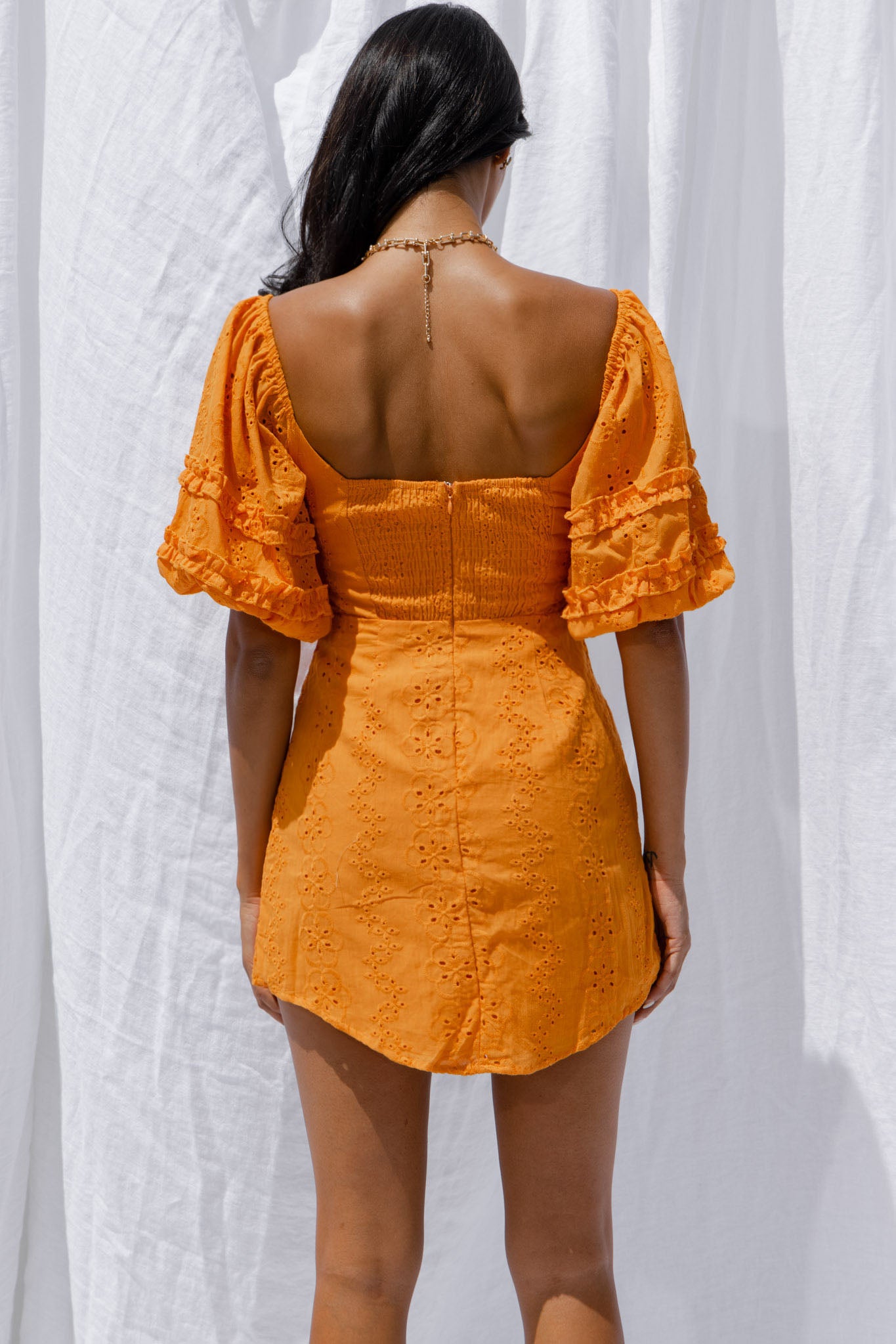 Sweet Romance Puff Sleeve Eyelet Mini Dress Sunset-Maymioy