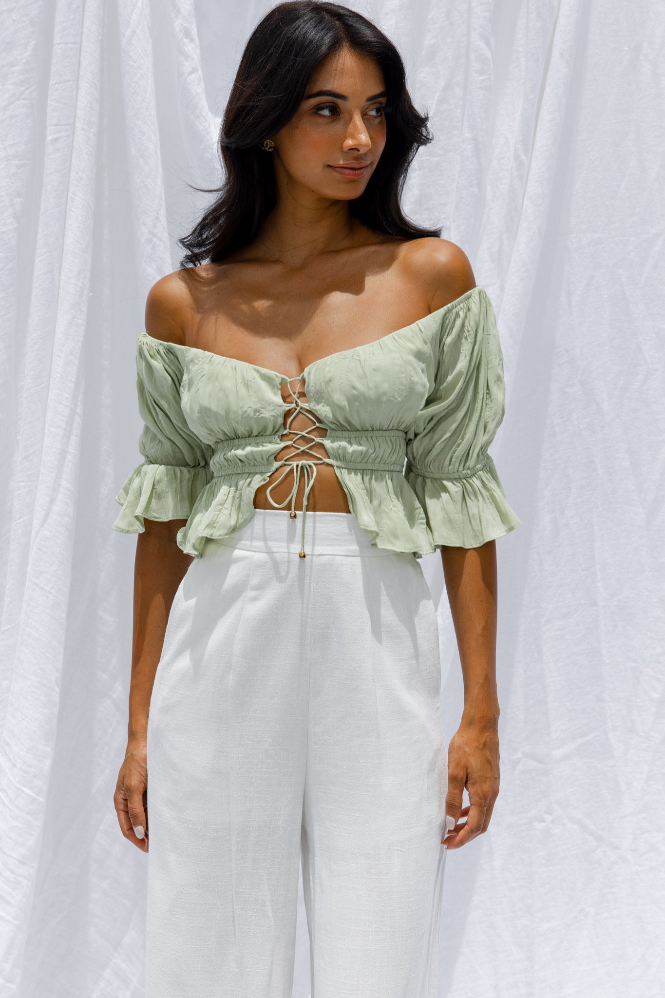 Josephina Off-Shoulder Lace-Up Front Crop Top Apple-Maymioy