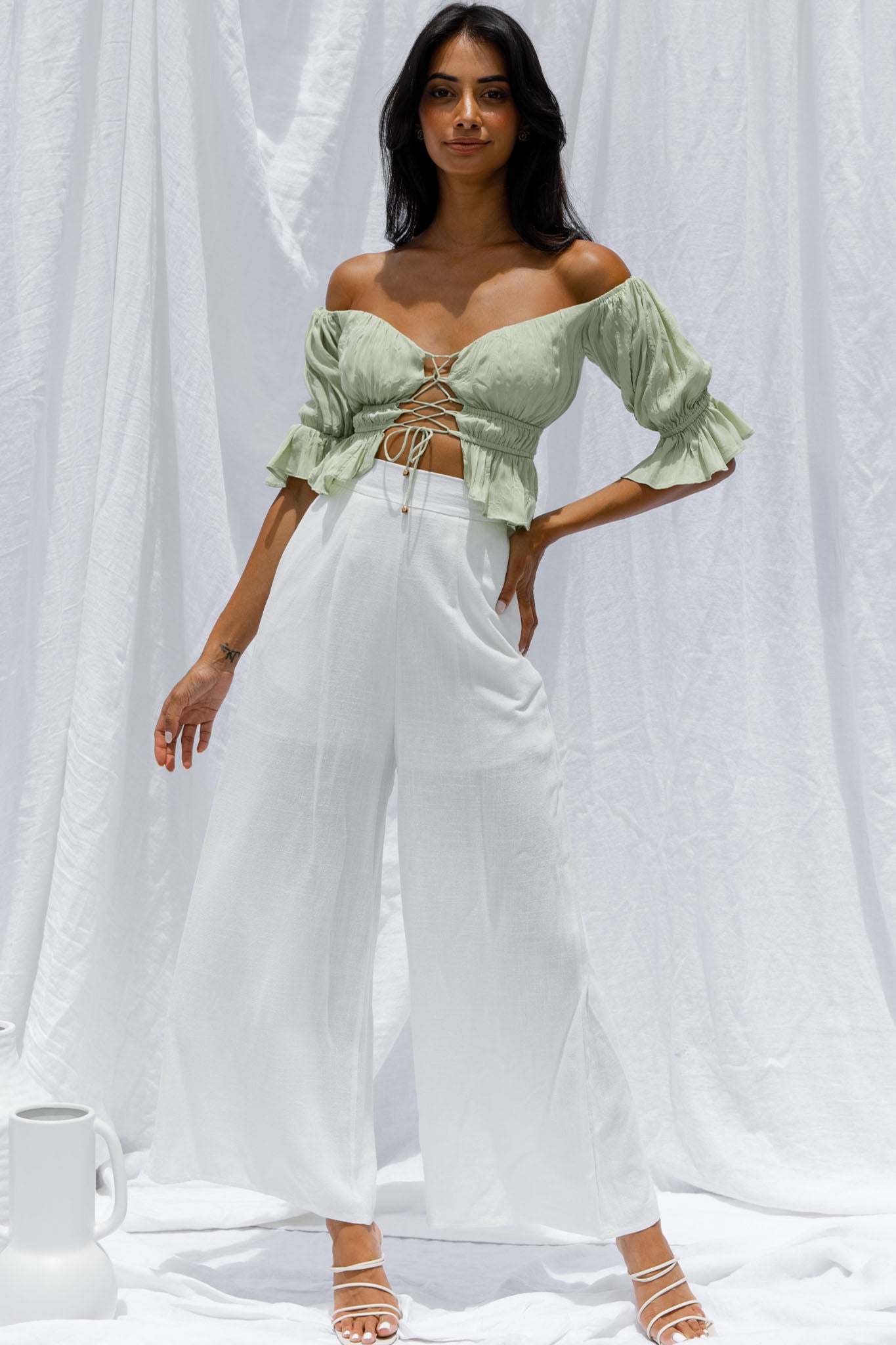 Josephina Off-Shoulder Lace-Up Front Crop Top Apple-Maymioy
