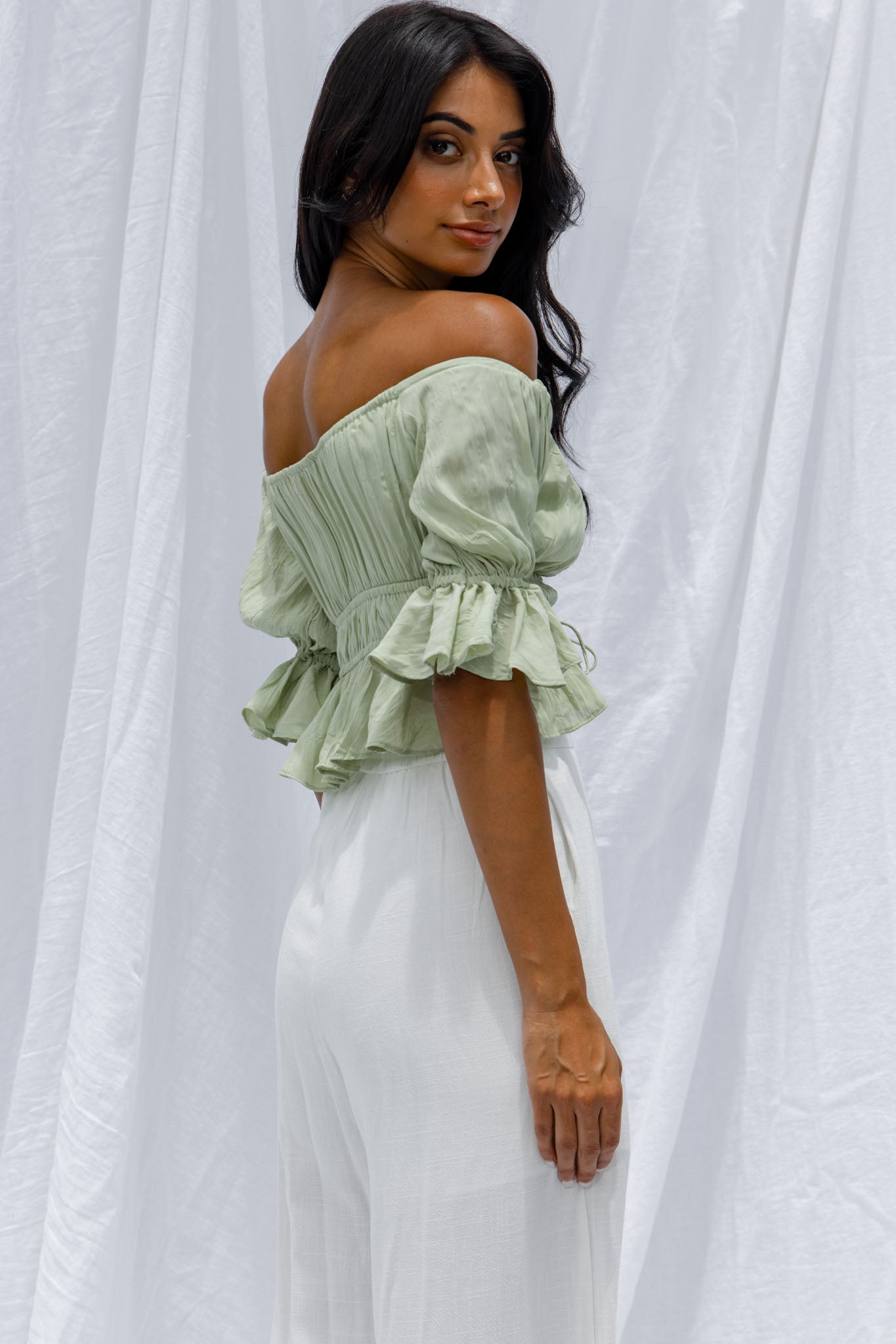 Josephina Off-Shoulder Lace-Up Front Crop Top Apple-Maymioy