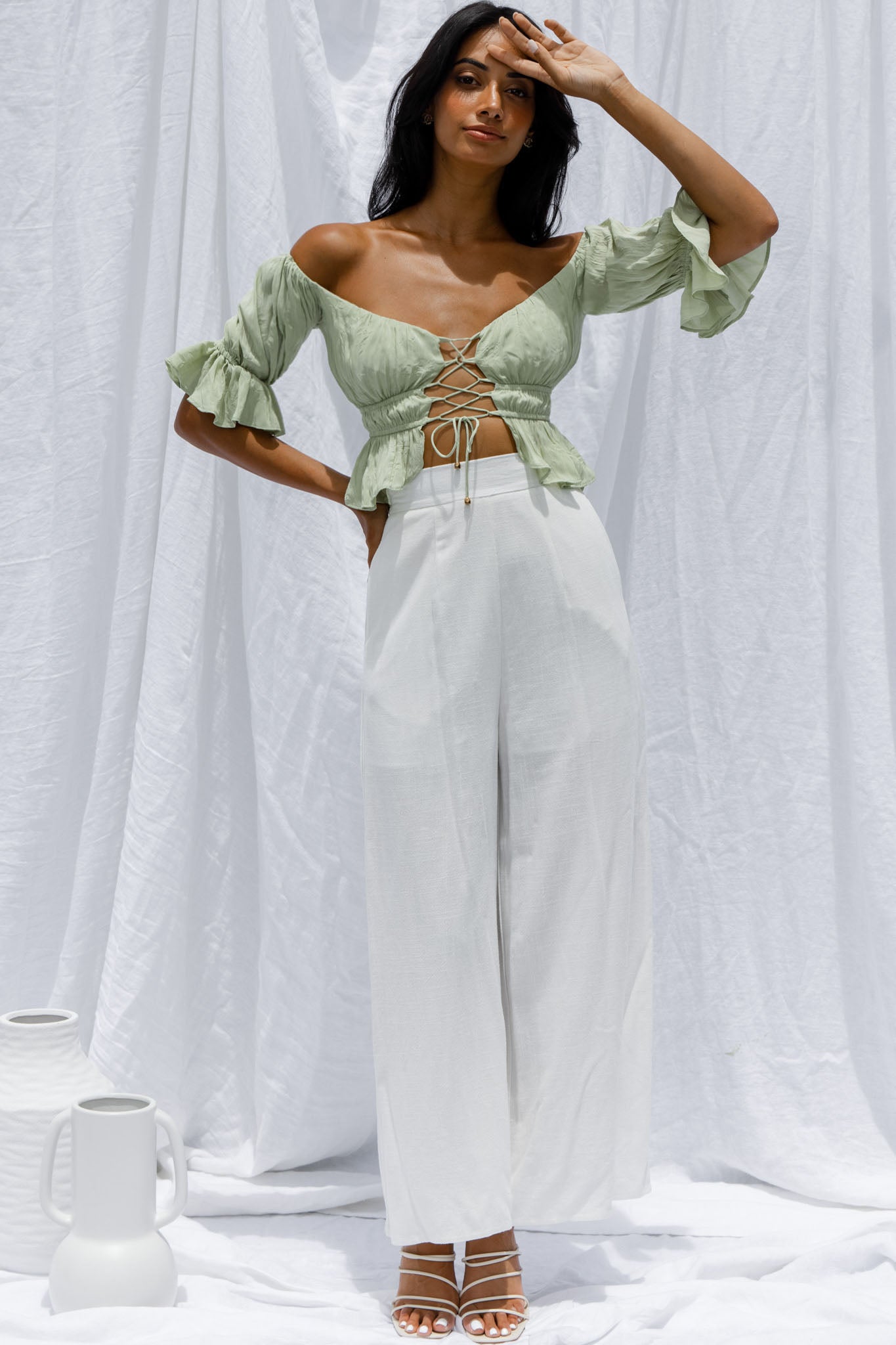 Josephina Off-Shoulder Lace-Up Front Crop Top Apple-Maymioy