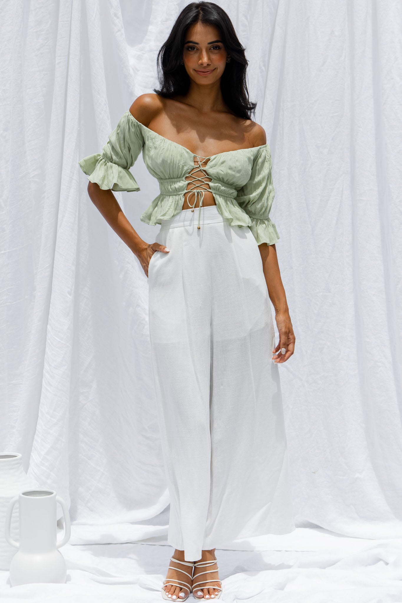 Josephina Off-Shoulder Lace-Up Front Crop Top Apple-Maymioy