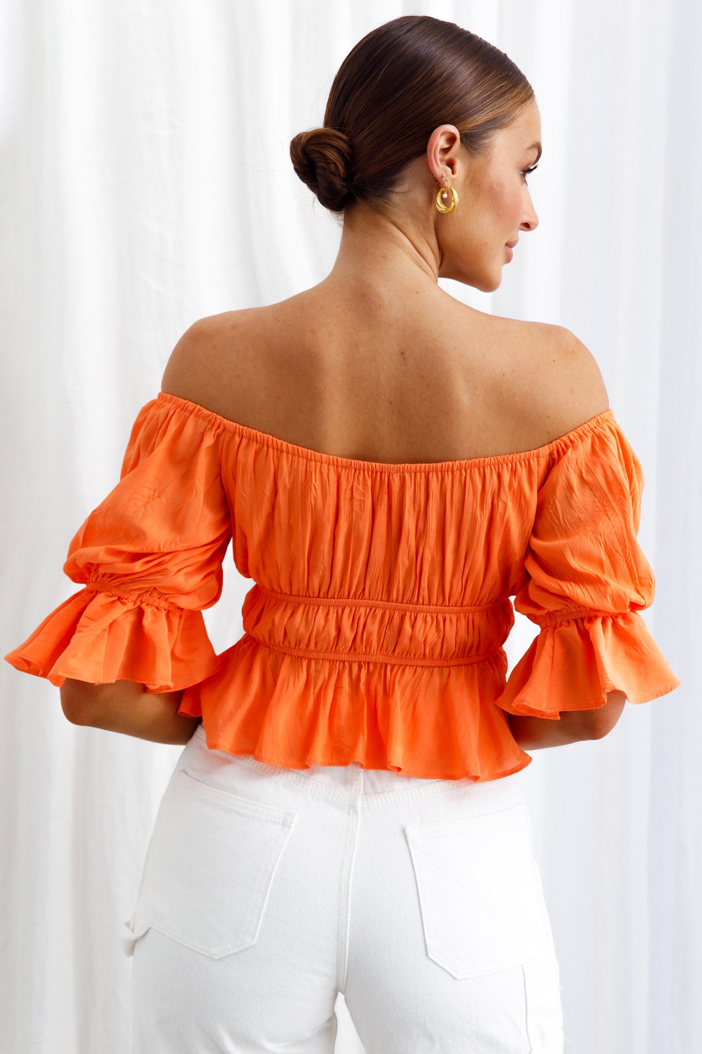 Josephina Off-Shoulder Lace-Up Front Crop Top Neon Orange-Maymioy