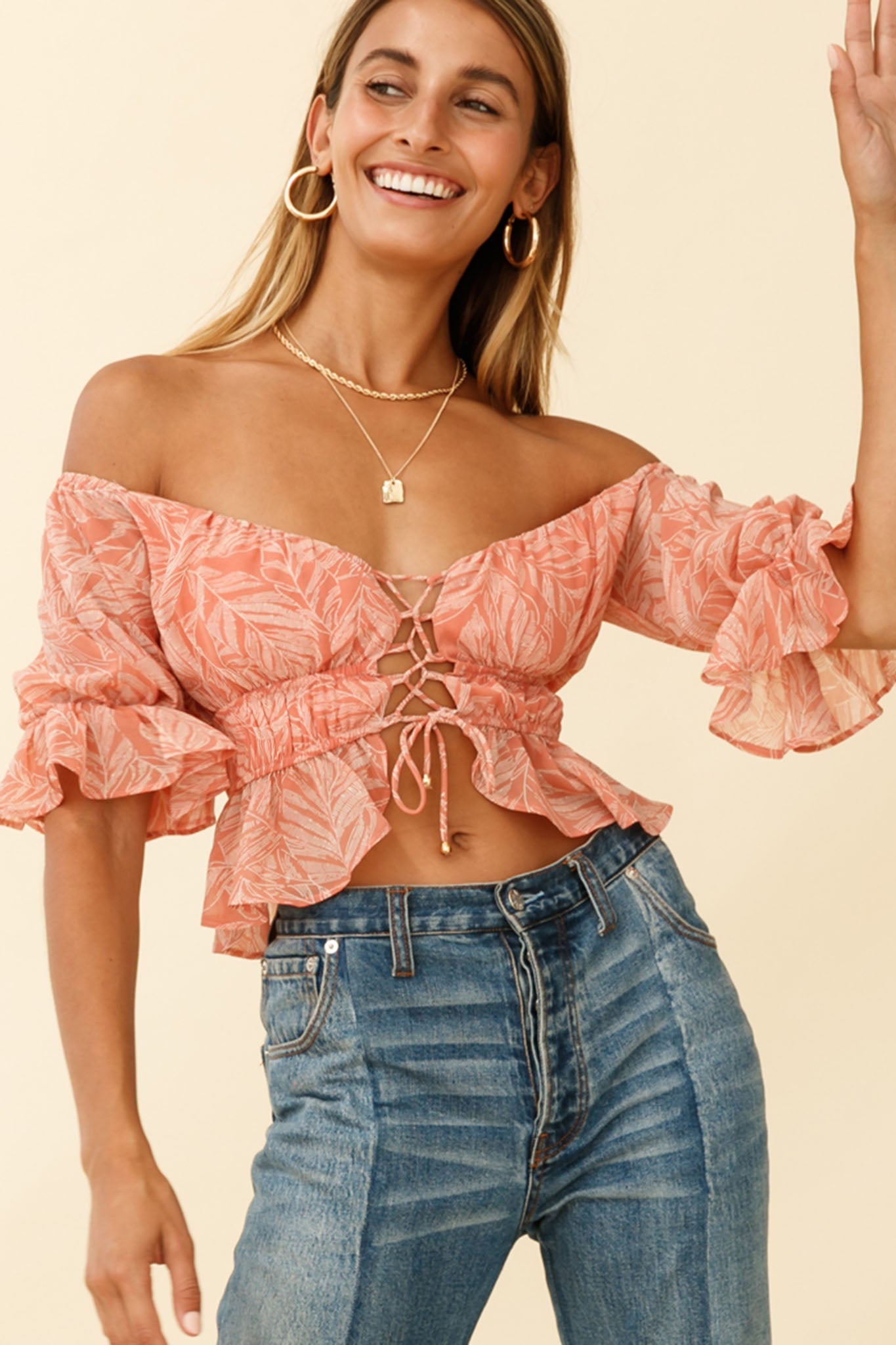 Josephina Off-Shoulder Lace-Up Front Crop Top Palm Print Pink-Maymioy
