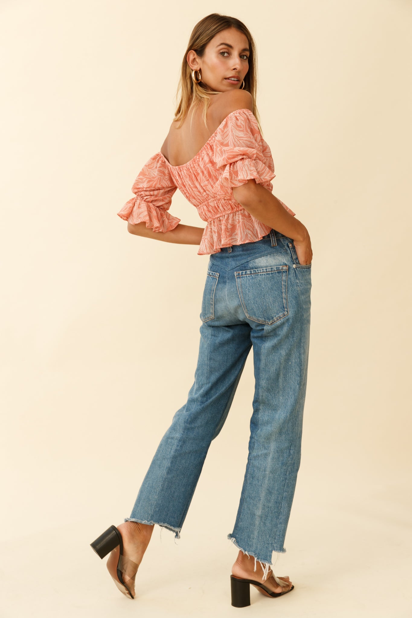 Josephina Off-Shoulder Lace-Up Front Crop Top Palm Print Pink-Maymioy