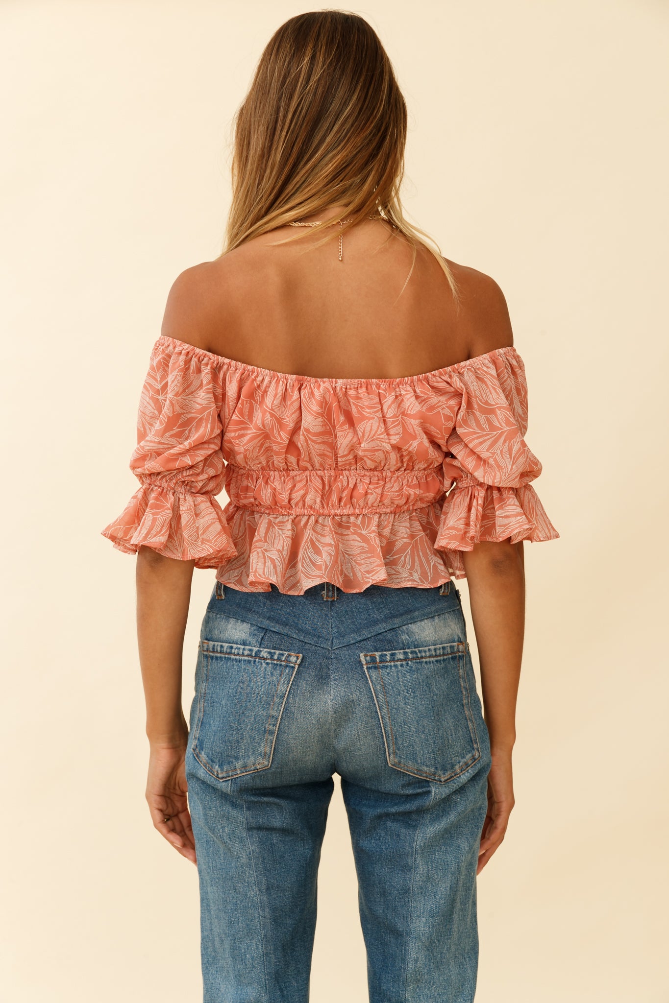 Josephina Off-Shoulder Lace-Up Front Crop Top Palm Print Pink-Maymioy