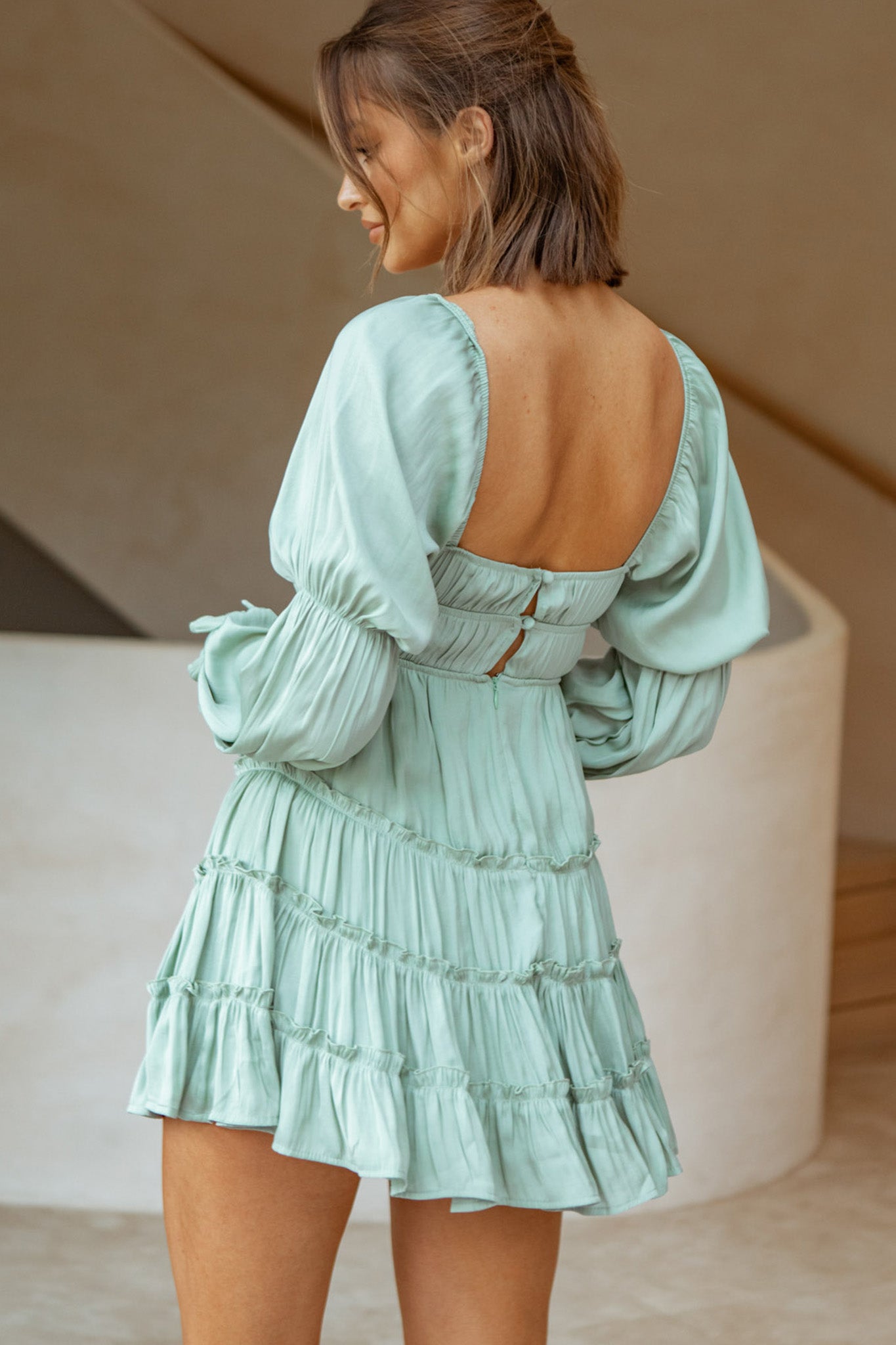Josephina Lace-Up Front Long Sleeve Mini Dress Avocado-Maymioy