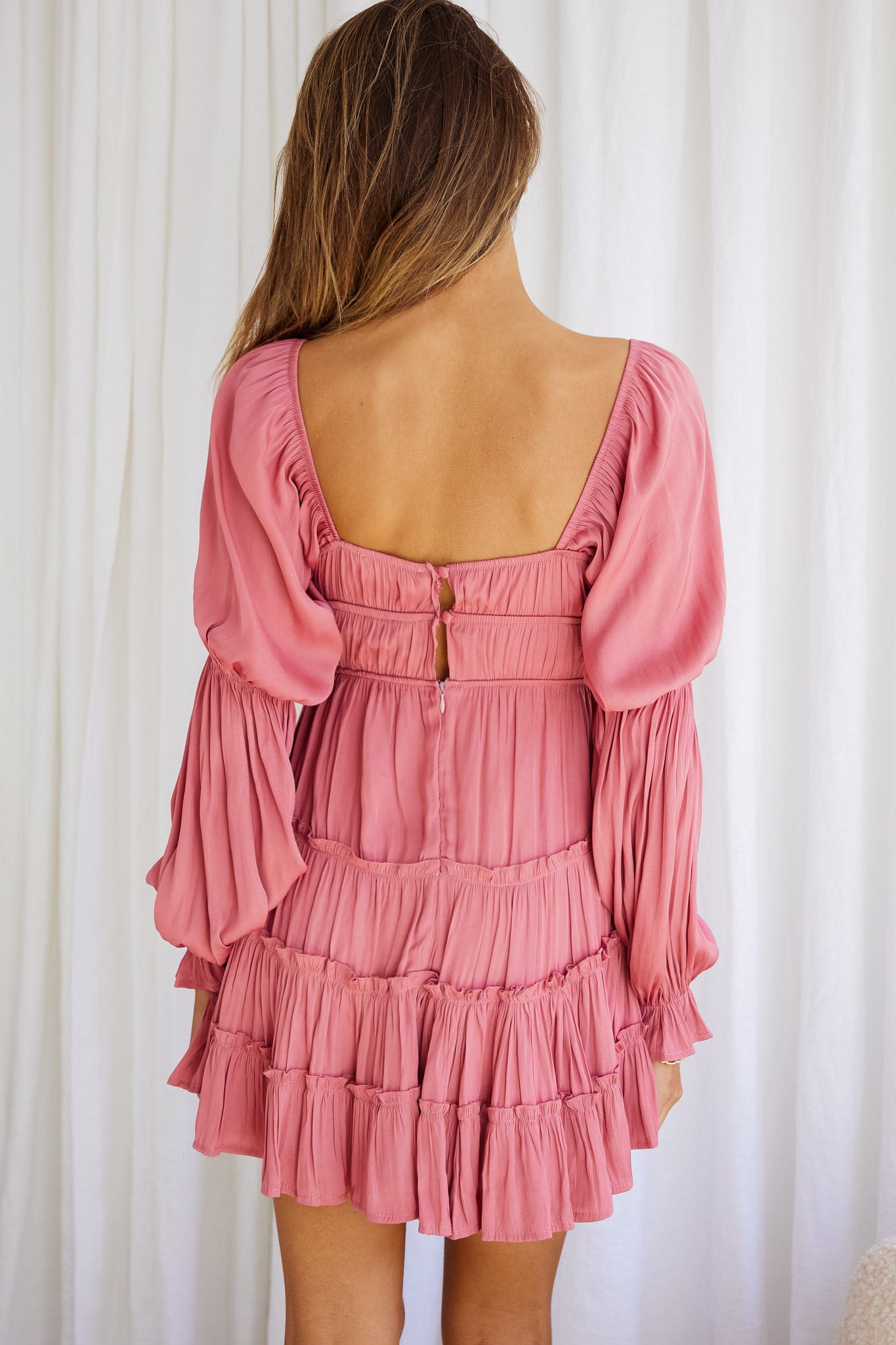 Josephina Lace-Up Front Long Sleeve Mini Dress Blush-Maymioy