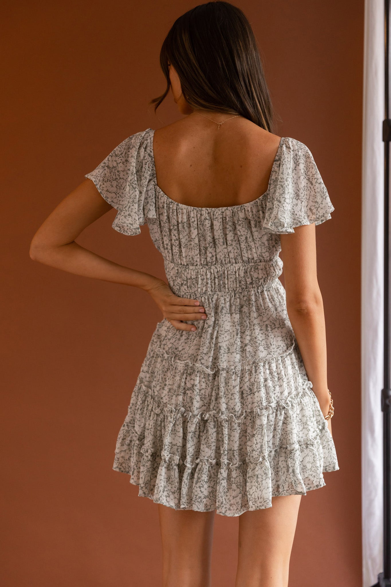 Josephina Lace-Up Front Flutter Sleeve Dress Floral Print Sage-Maymioy