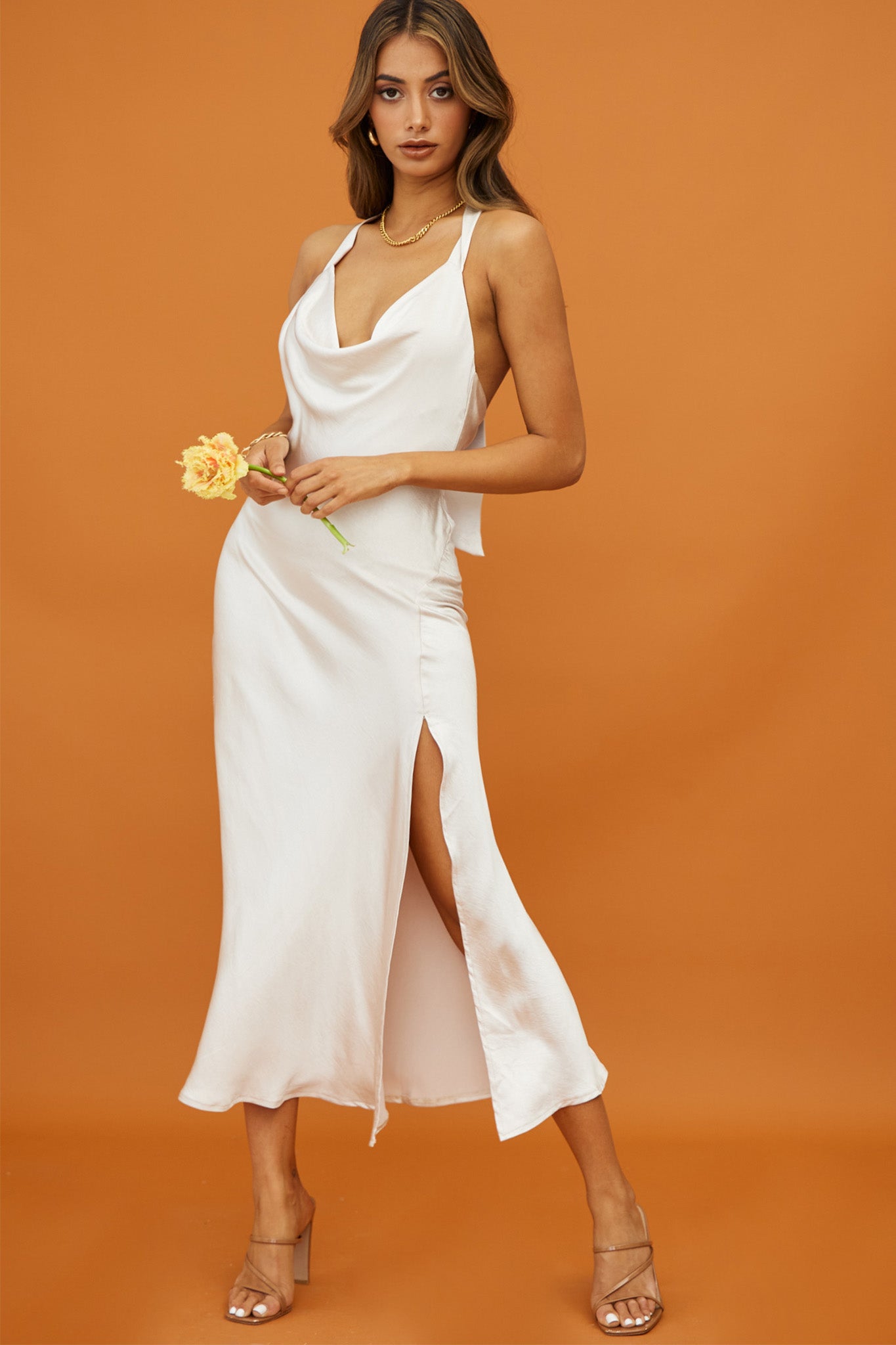 Champagne Showers Halterneck Slip Midi Dress Champagne-Maymioy