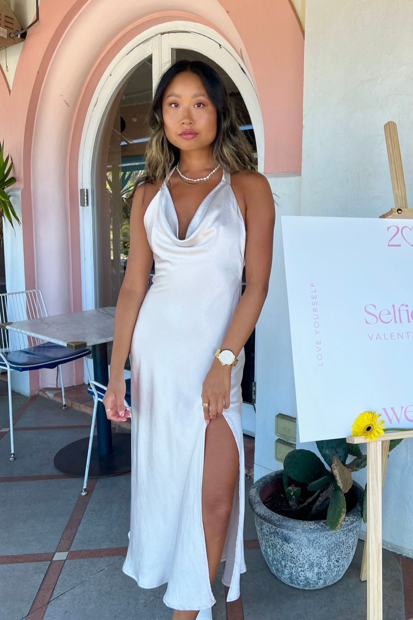 Champagne Showers Halterneck Slip Midi Dress Champagne-Maymioy