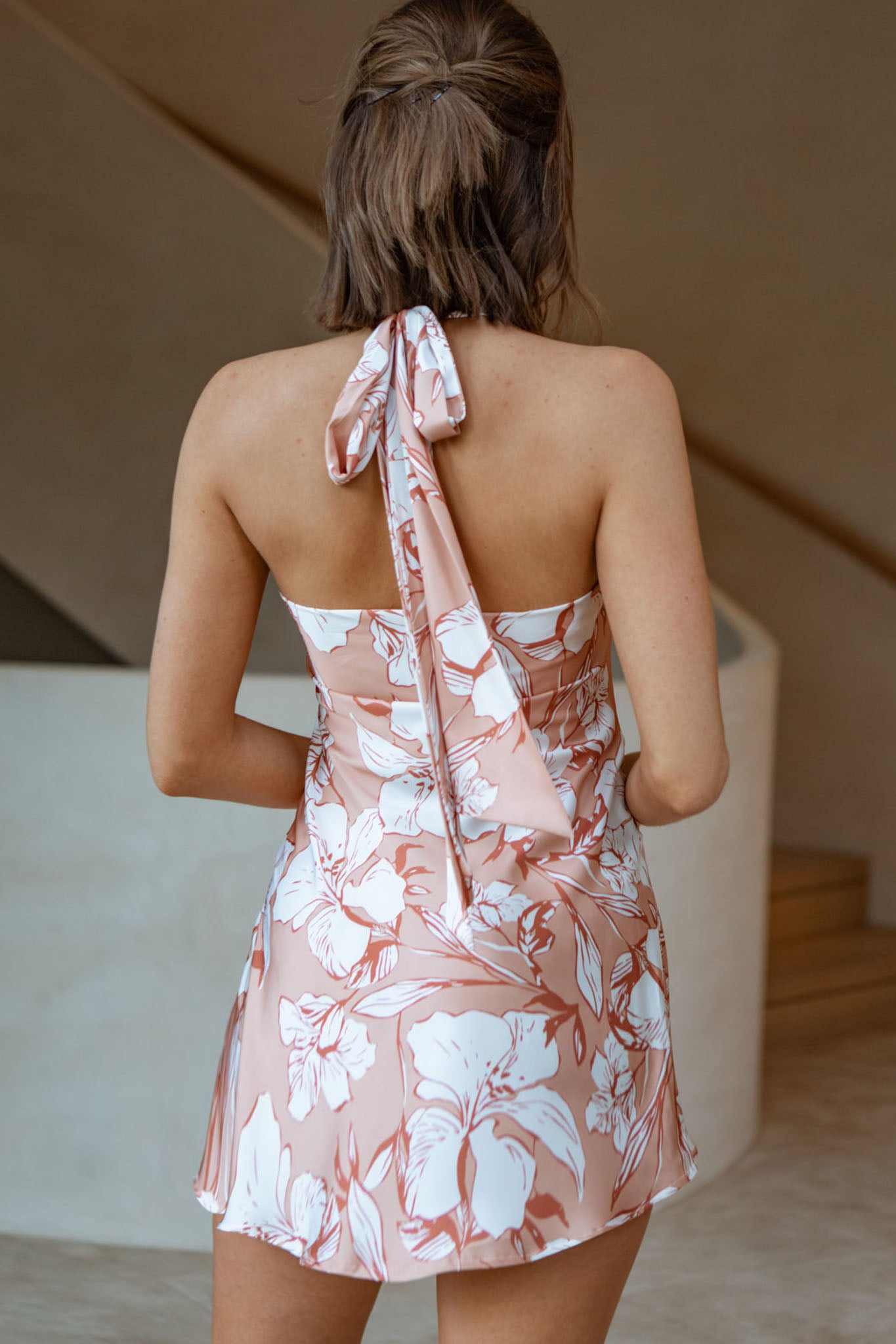 Champagne Showers Halterneck Slip Mini Dress Hibiscus Print Peach-Maymioy