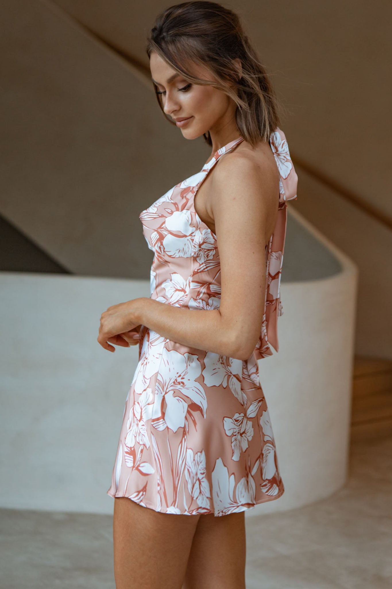 Champagne Showers Halterneck Slip Mini Dress Hibiscus Print Peach-Maymioy