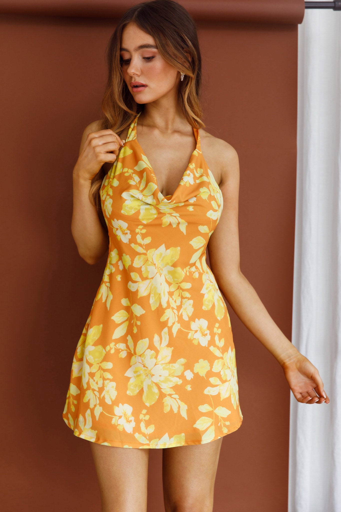 Champagne Showers Halterneck Slip Mini Dress Watercolor Floral Print Yellow-Maymioy