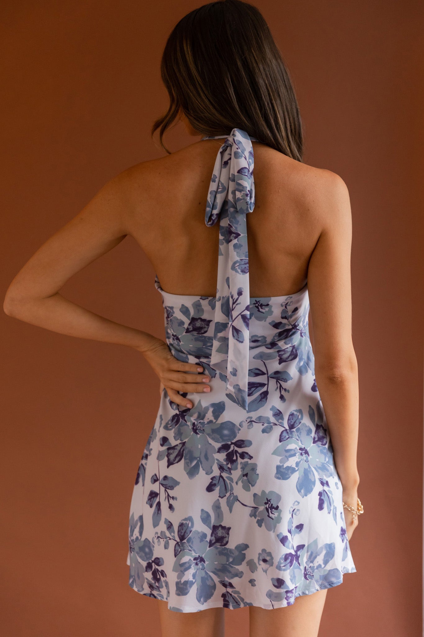 Champagne Showers Halterneck Slip Mini Dress Watercolor Floral Print Grey-Maymioy