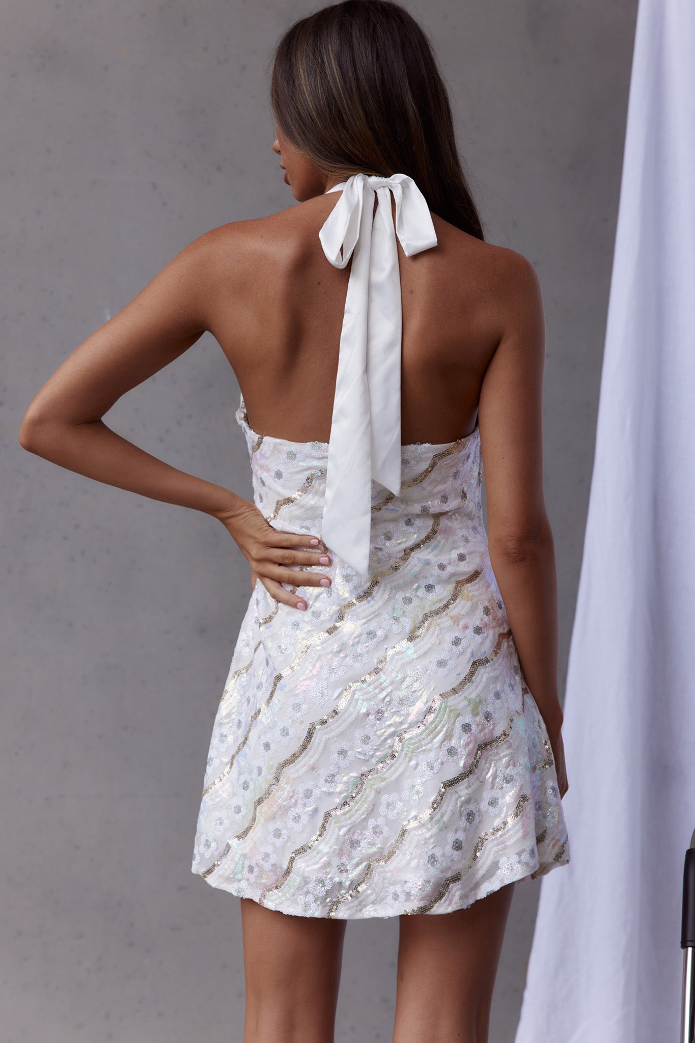 Champagne Showers Halterneck Slip Mini Dress Sequin Flower White-Maymioy