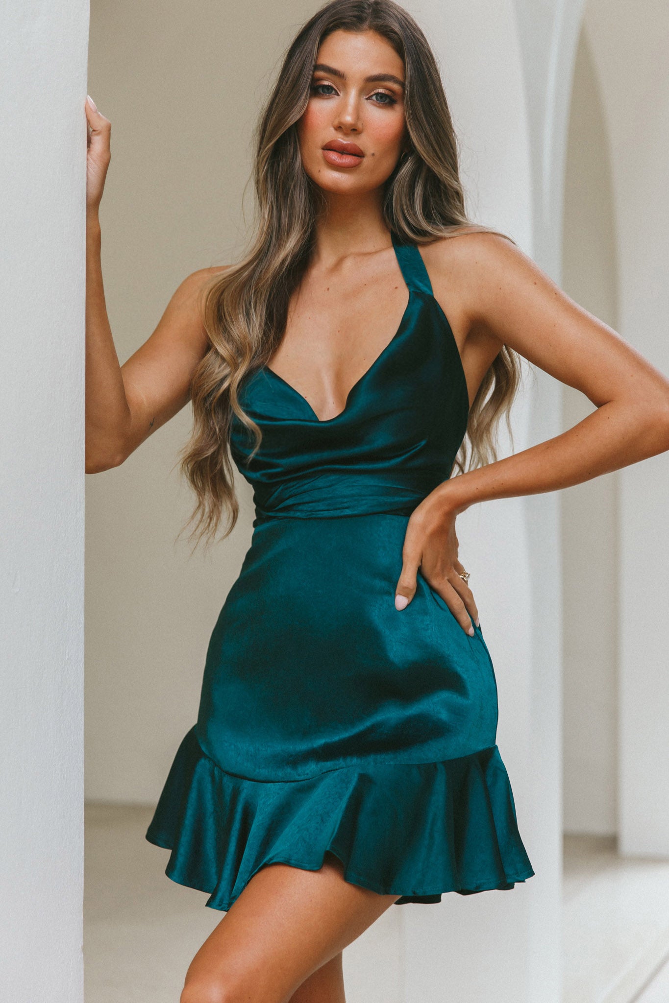 Champs Elysees Halterneck Ruffle Hem Mini Dress Forest Green-Maymioy