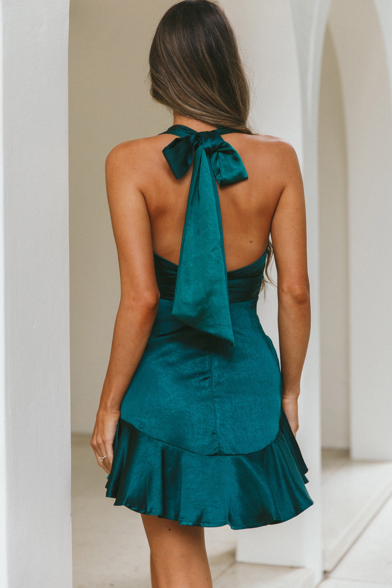Champs Elysees Halterneck Ruffle Hem Mini Dress Forest Green-Maymioy