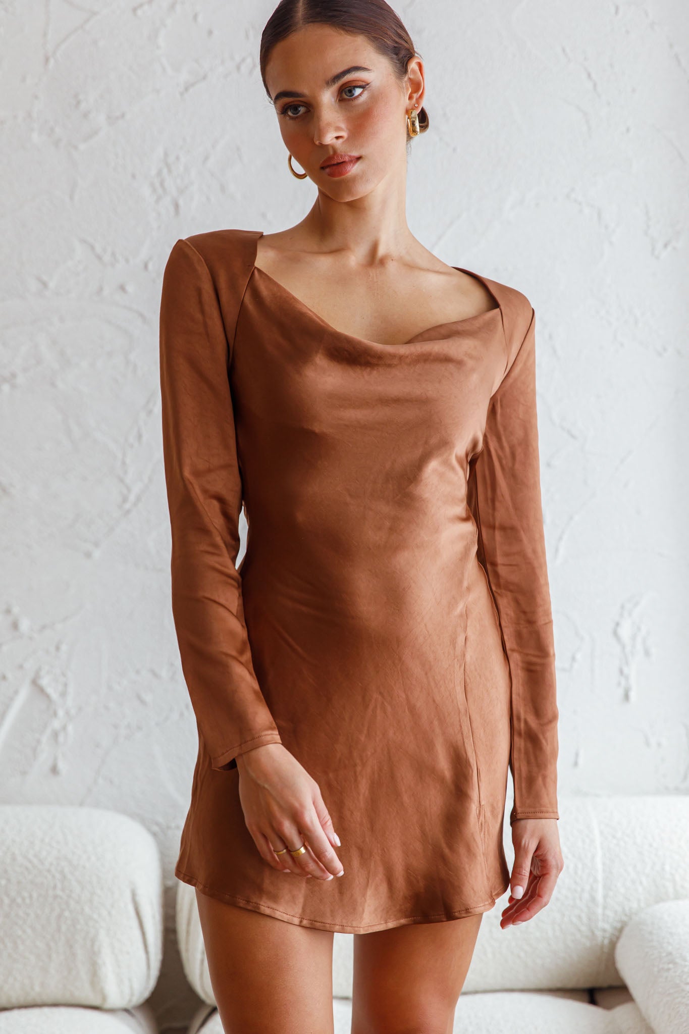 Champs Elysees Long Sleeve Open Back Mini Dress Chocolate-Maymioy