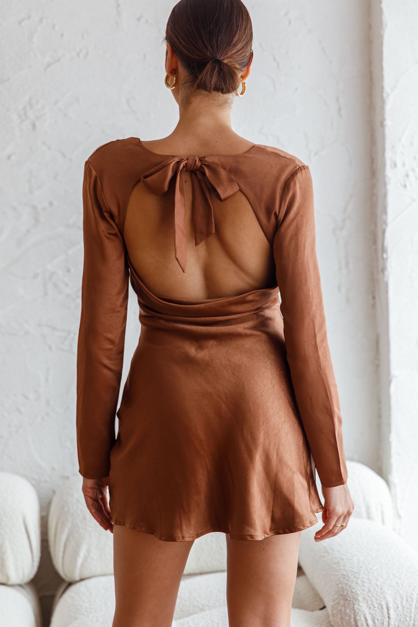 Champs Elysees Long Sleeve Open Back Mini Dress Chocolate-Maymioy
