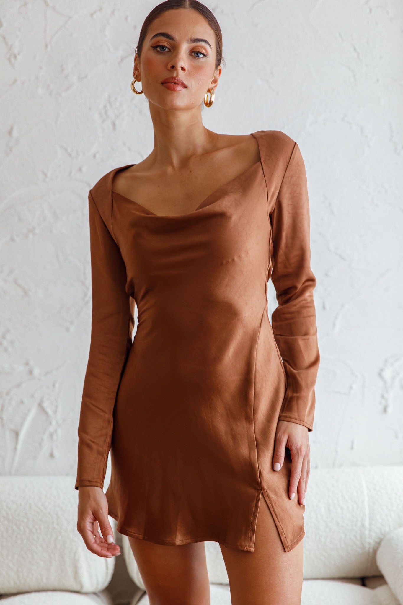 Champs Elysees Long Sleeve Open Back Mini Dress Chocolate-Maymioy
