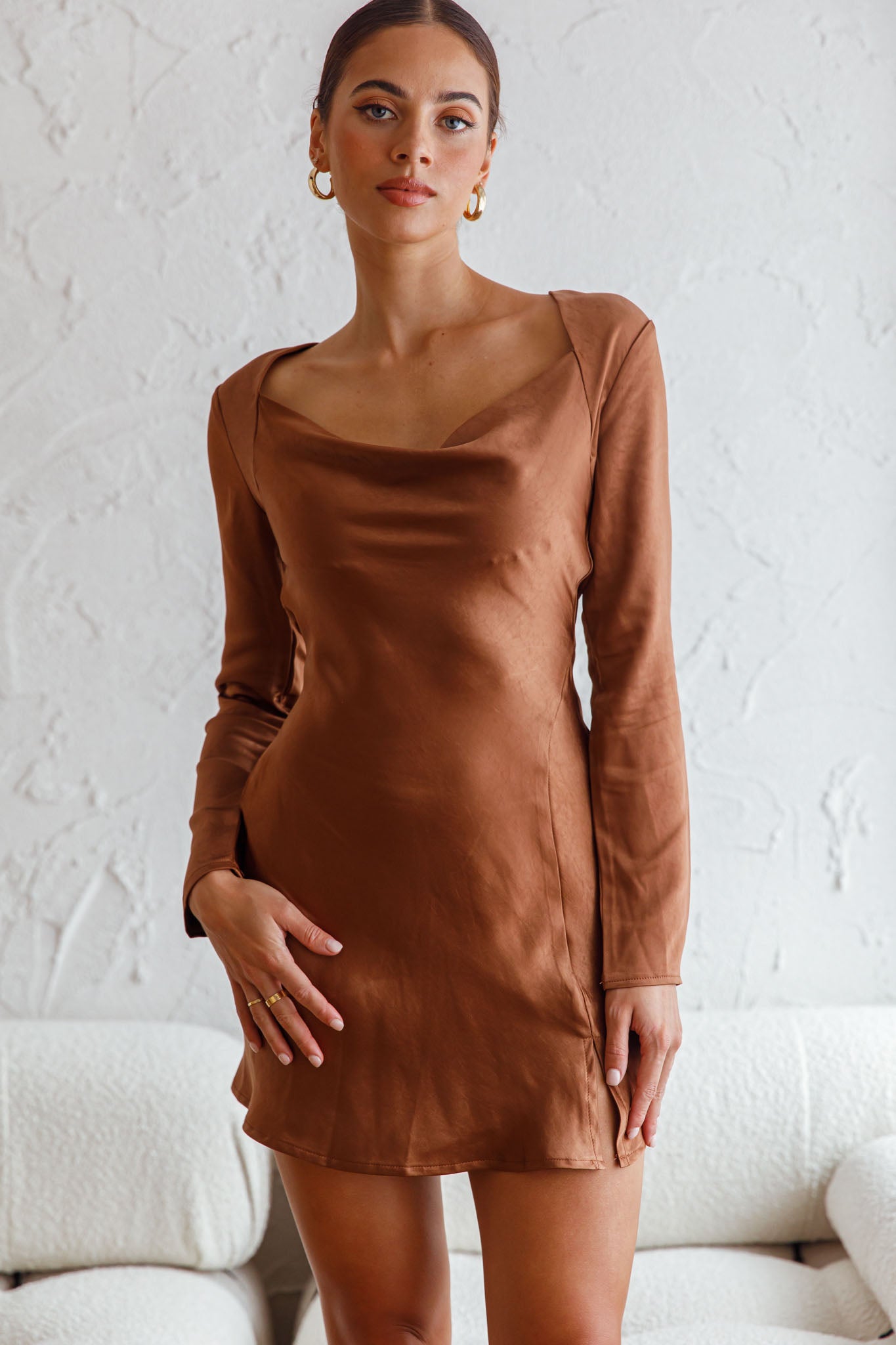 Champs Elysees Long Sleeve Open Back Mini Dress Chocolate-Maymioy