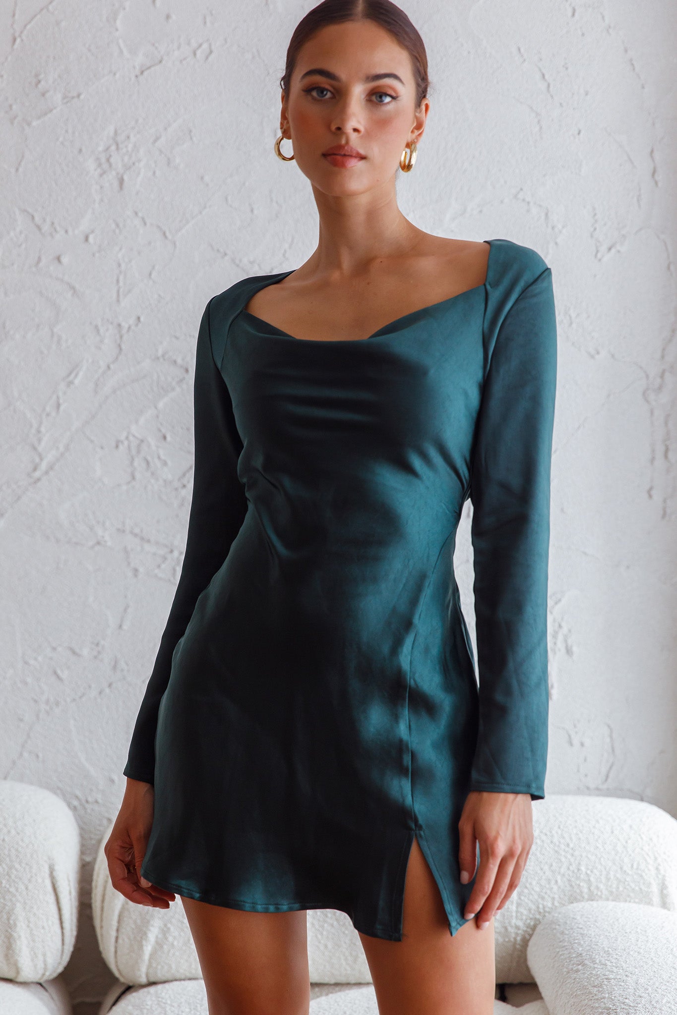 Champs Elysees Long Sleeve Open Back Mini Dress Forest Green-Maymioy
