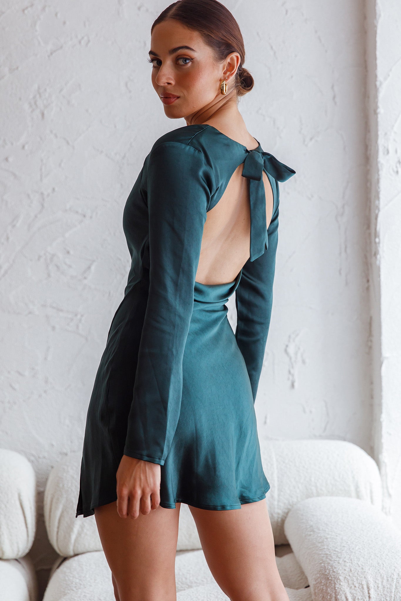 Champs Elysees Long Sleeve Open Back Mini Dress Forest Green-Maymioy