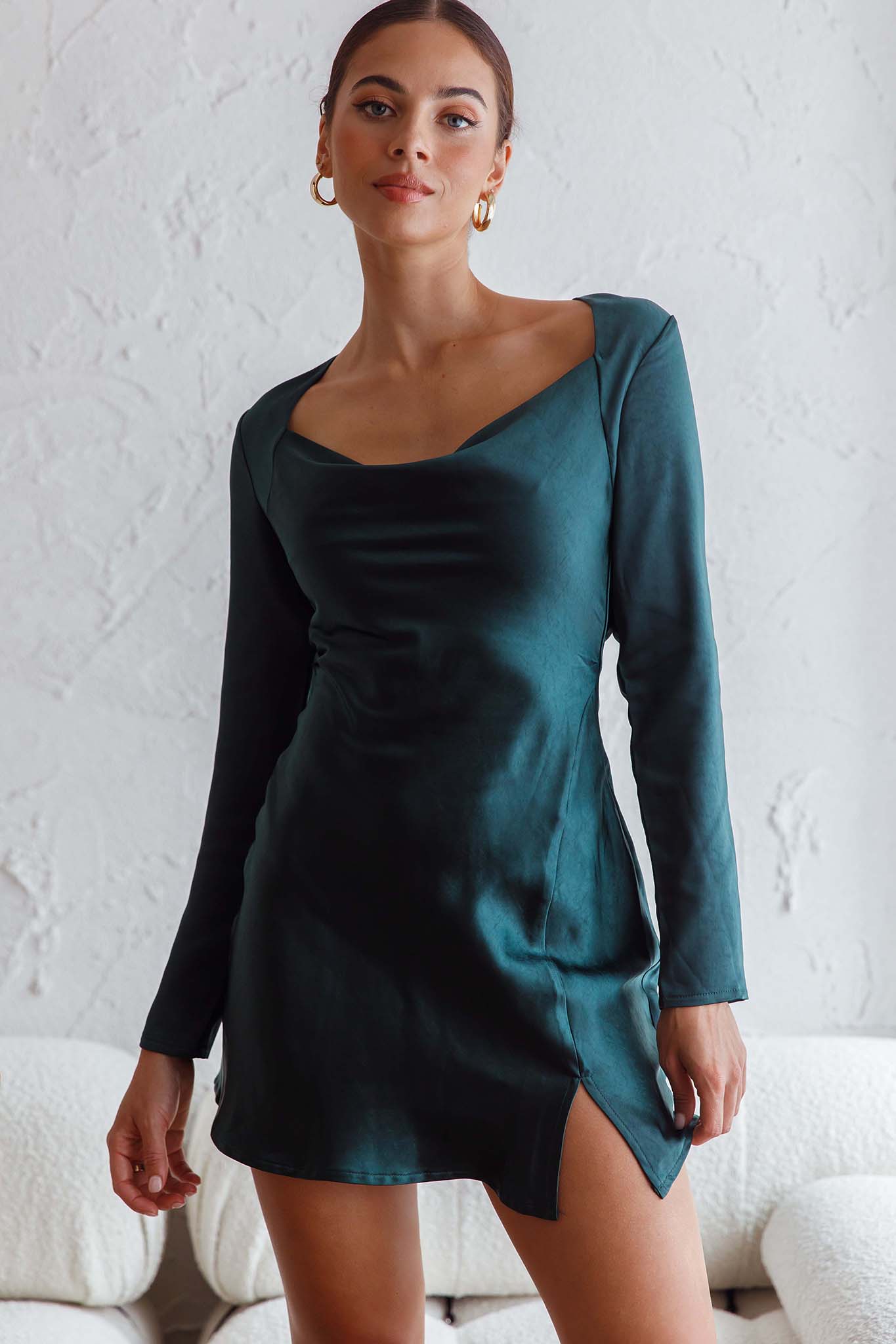 Champs Elysees Long Sleeve Open Back Mini Dress Forest Green-Maymioy