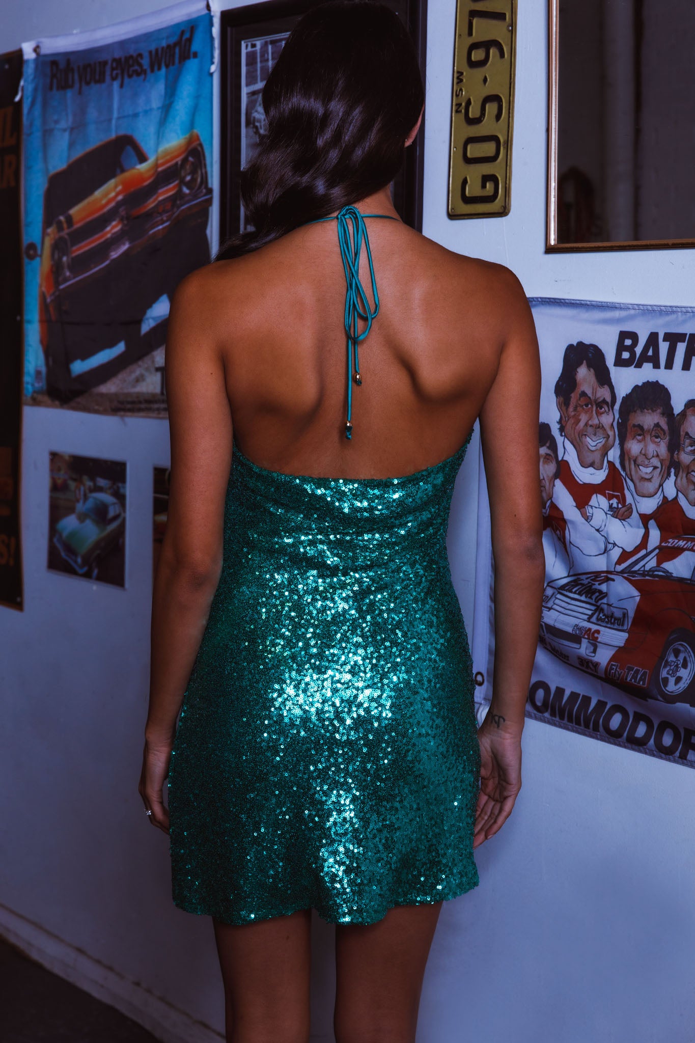 Champs Elysees Halterneck Sequin Mini Dress Forest Green-Maymioy