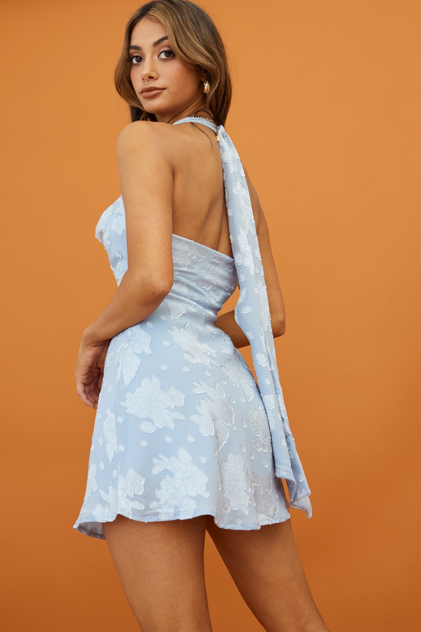 Champagne Showers Halterneck Slip Mini Dress Floral Pattern Blue-Maymioy