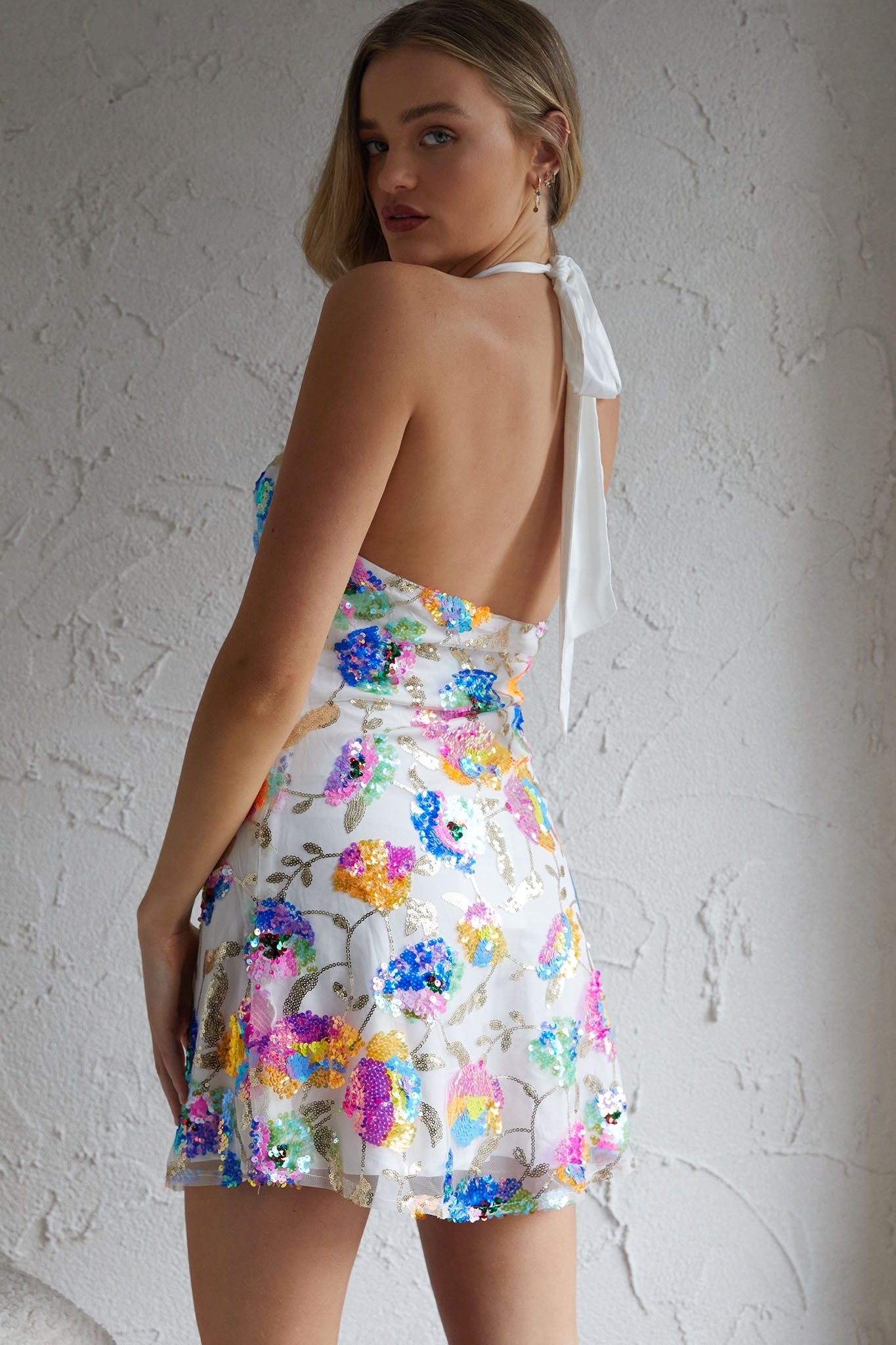 Champagne Showers Halterneck Slip Mini Dress Sequin Floral White-Maymioy