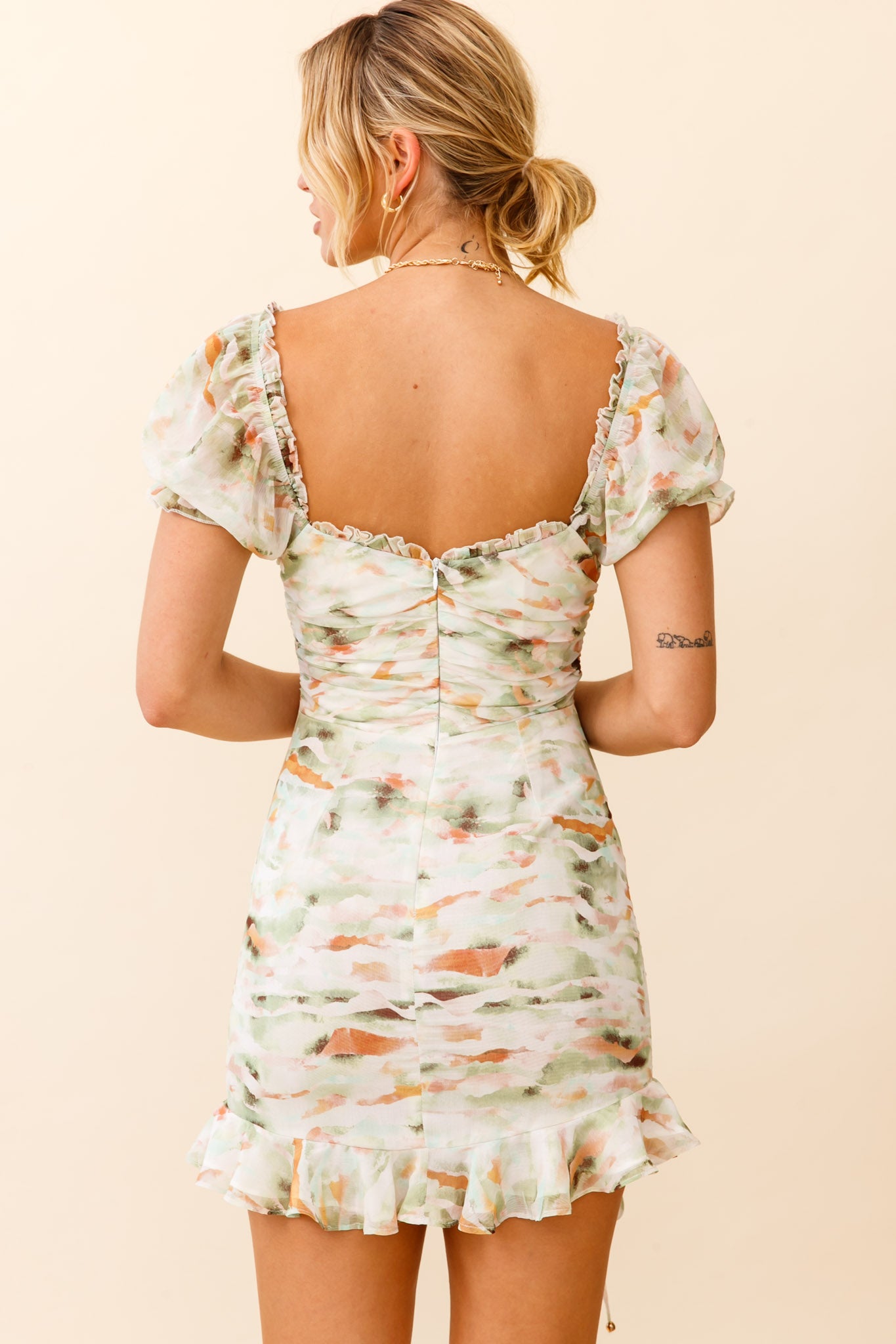 Serena Puff Sleeve Ruched Detail Dress Watercolor Print Green-Maymioy