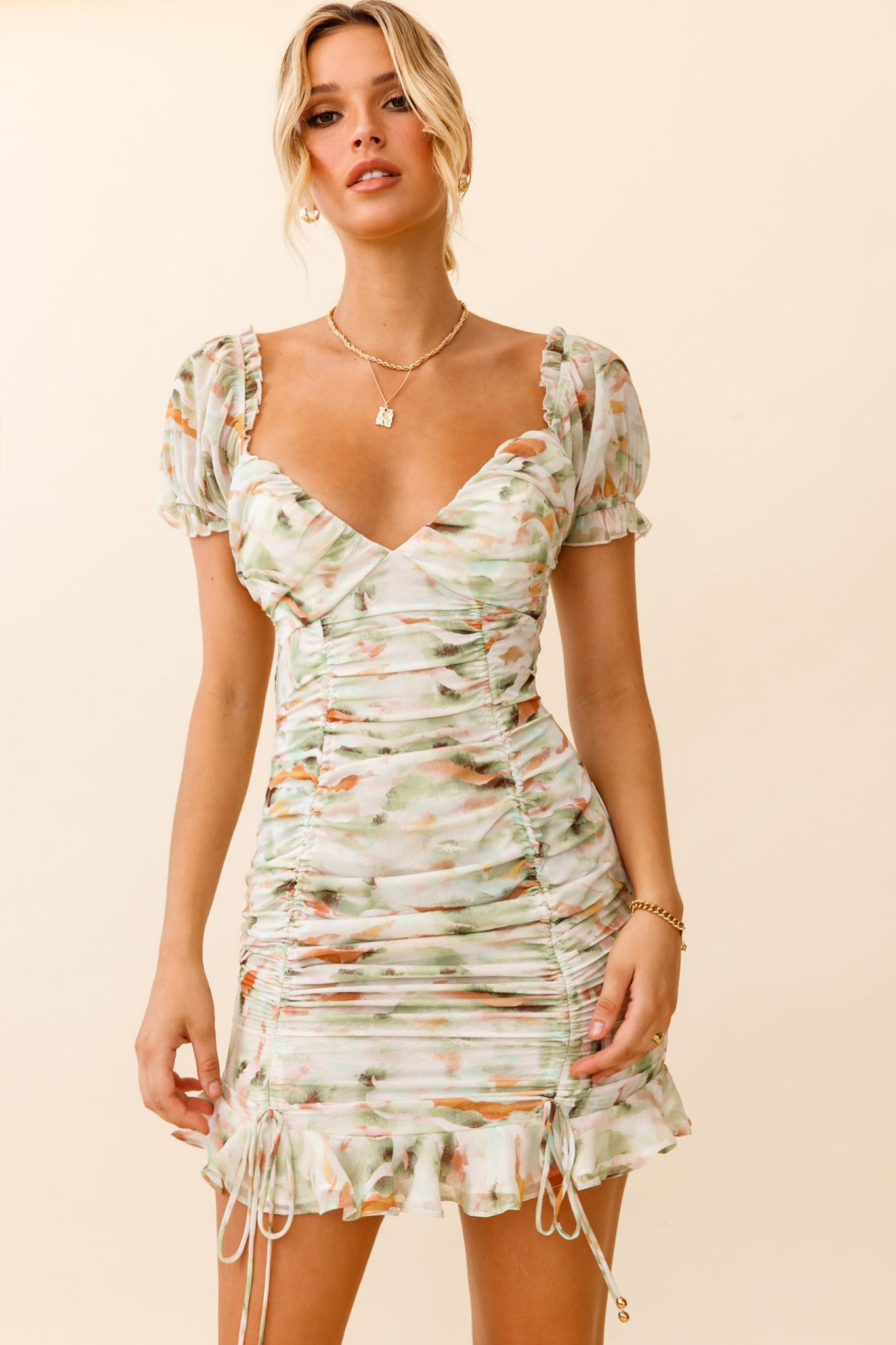 Serena Puff Sleeve Ruched Detail Dress Watercolor Print Green-Maymioy