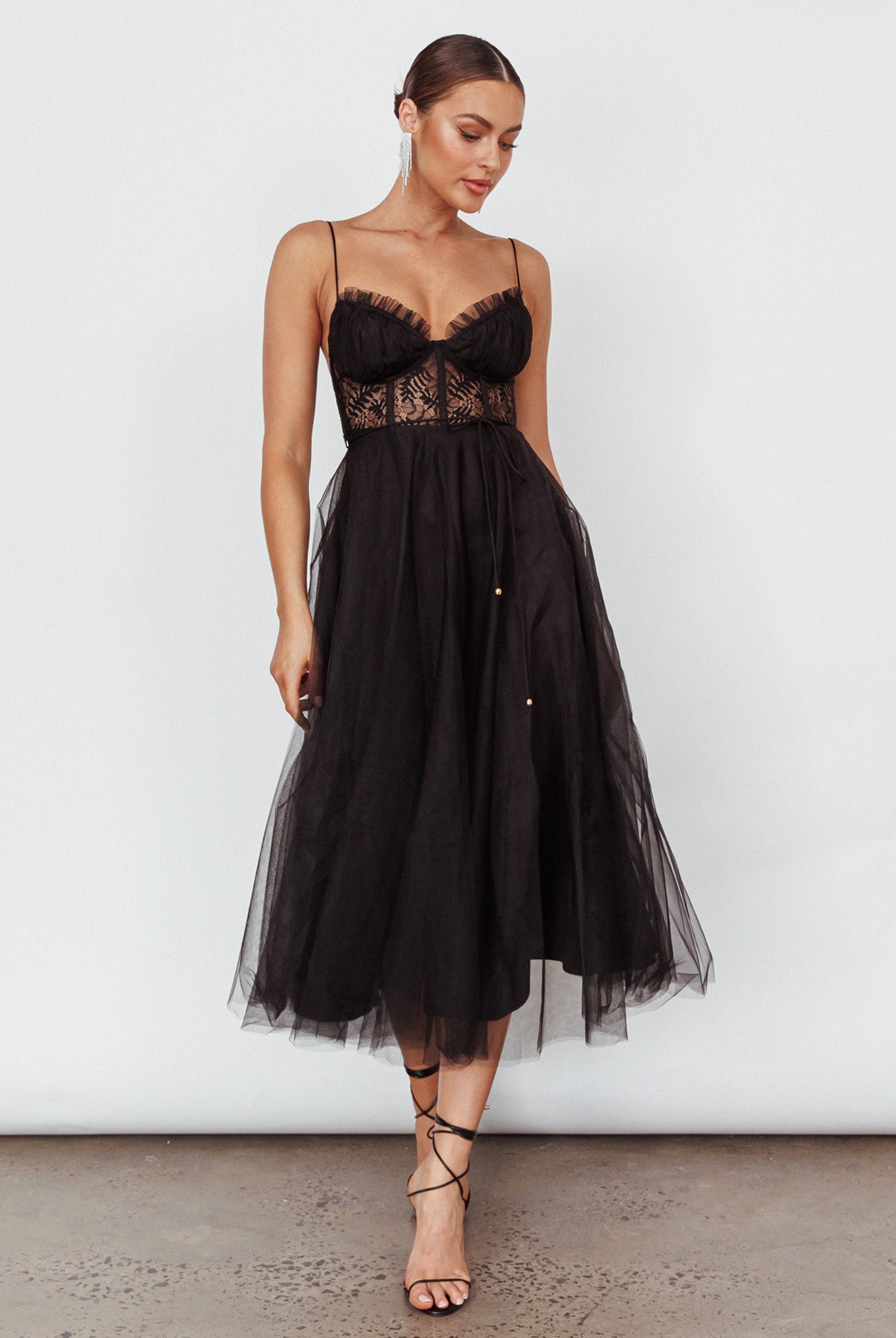 Trophy Lace Bodice Mesh Midi Dress Black-Maymioy