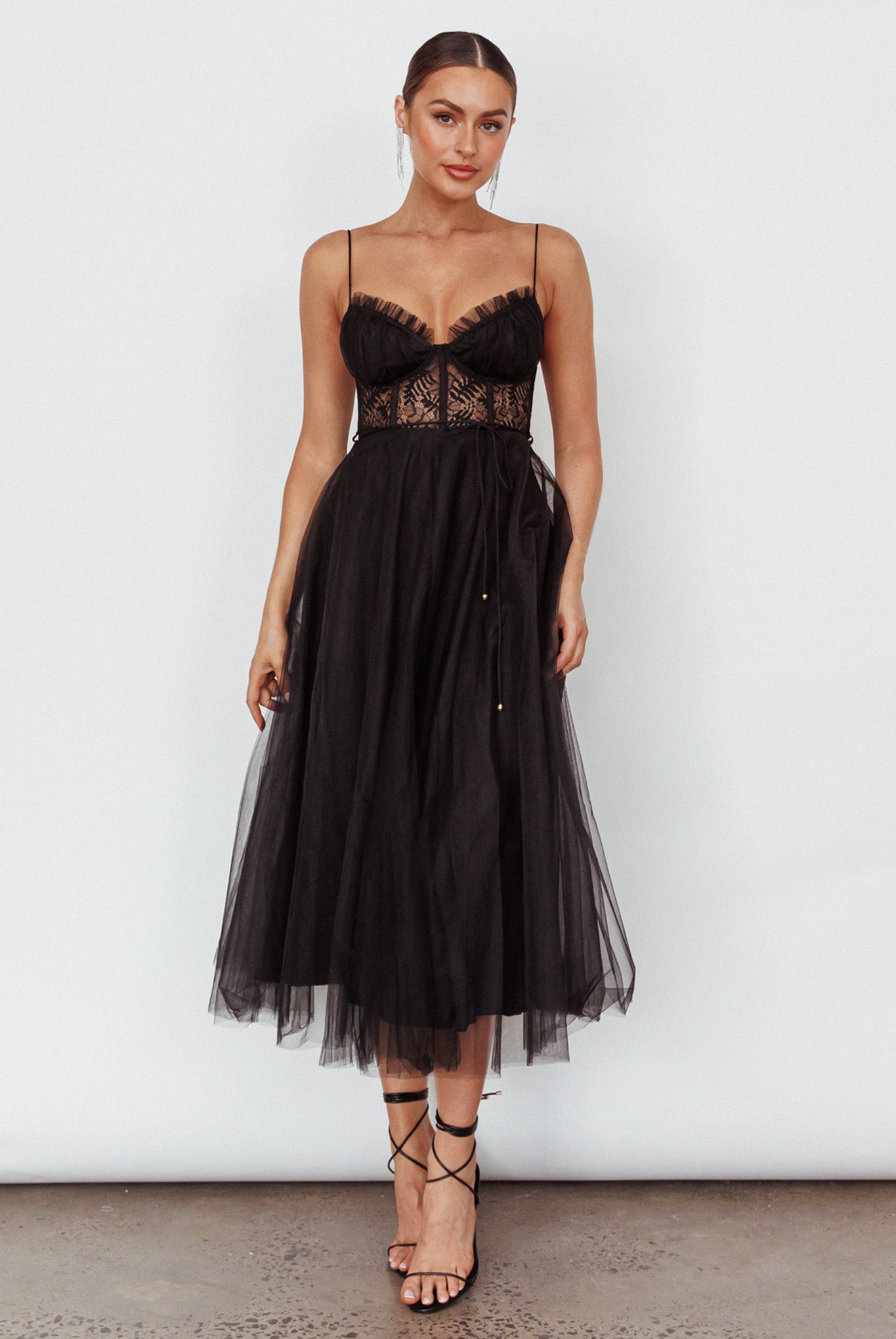 Trophy Lace Bodice Mesh Midi Dress Black-Maymioy
