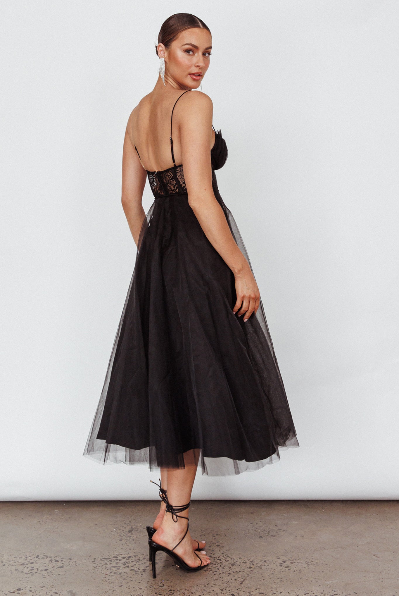 Trophy Lace Bodice Mesh Midi Dress Black-Maymioy