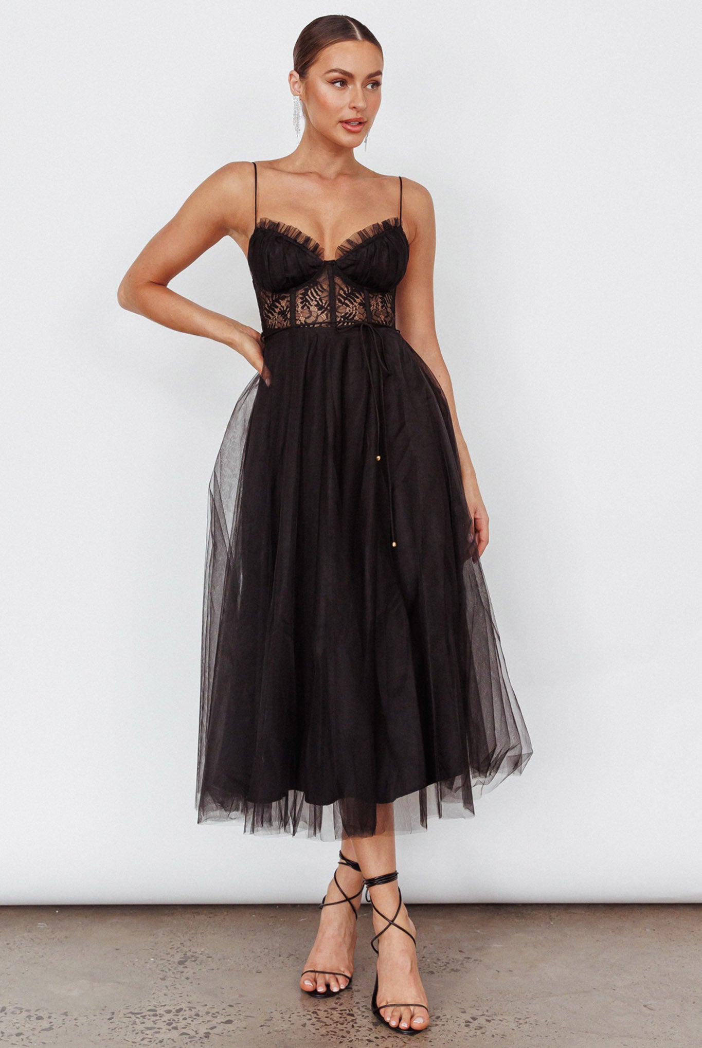 Trophy Lace Bodice Mesh Midi Dress Black-Maymioy