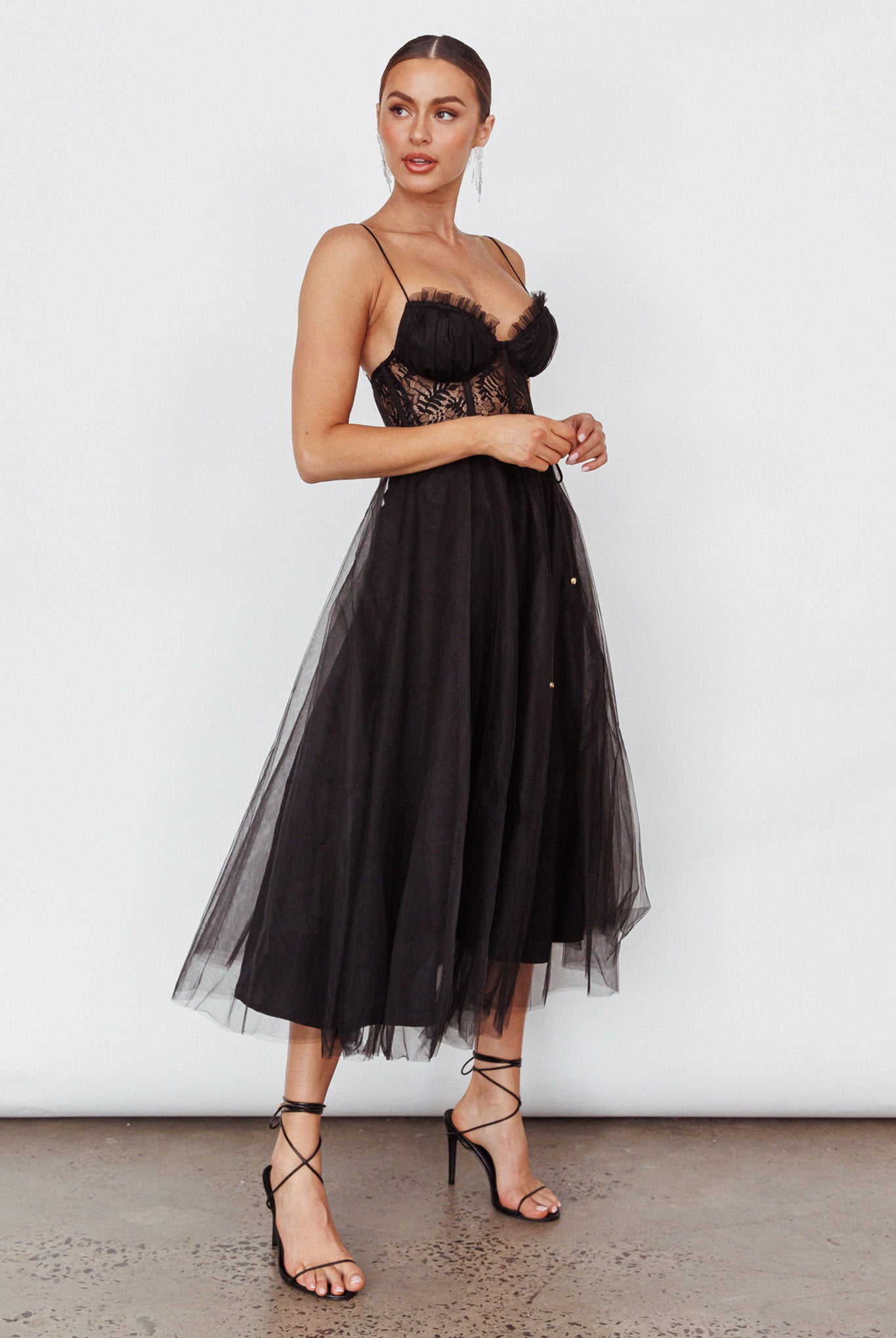 Trophy Lace Bodice Mesh Midi Dress Black-Maymioy