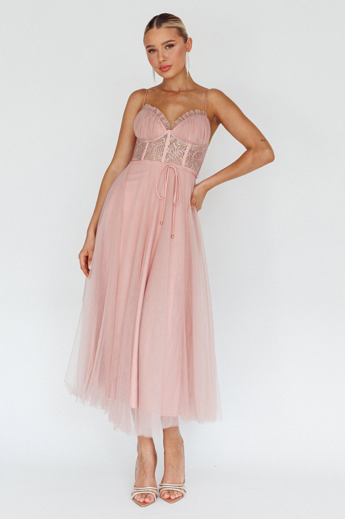 Trophy Lace Bodice Mesh Midi Dress Blush-Maymioy