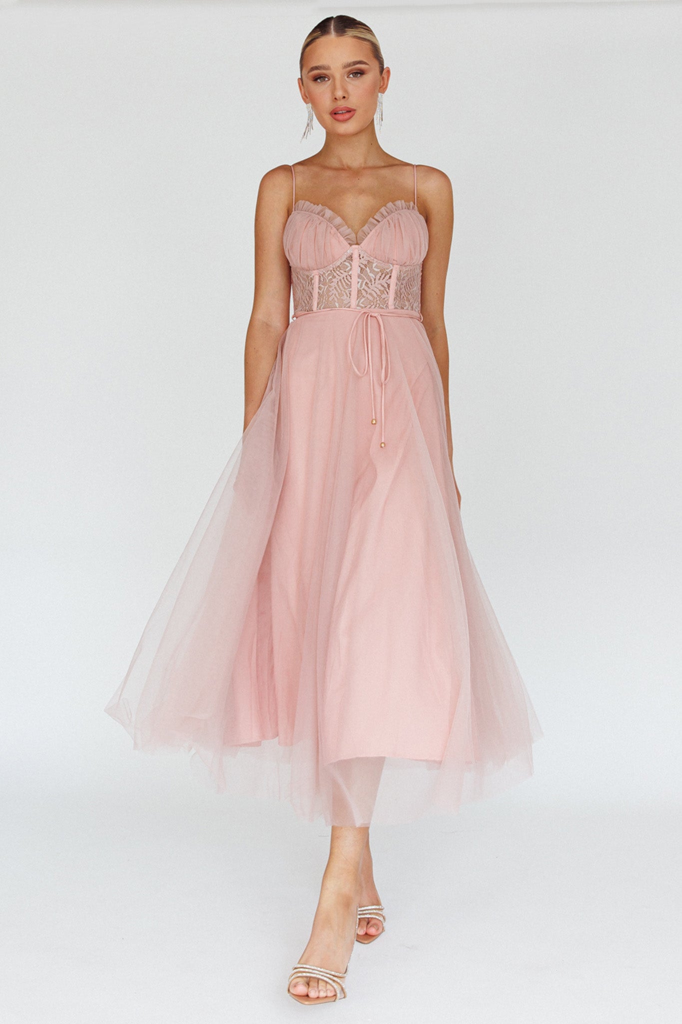 Trophy Lace Bodice Mesh Midi Dress Blush-Maymioy
