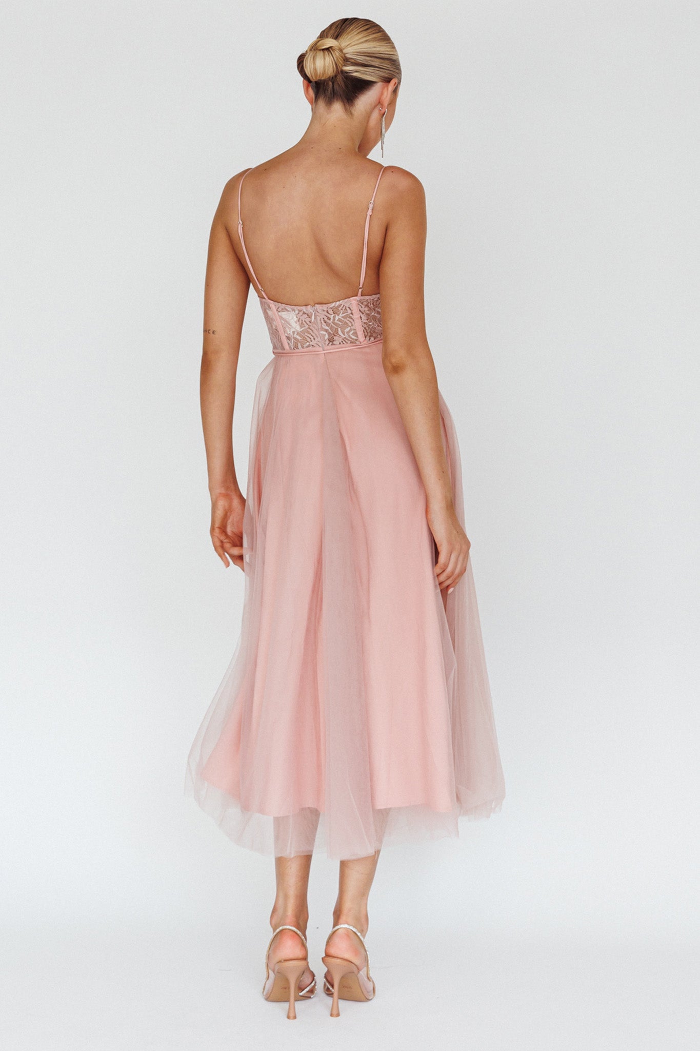 Trophy Lace Bodice Mesh Midi Dress Blush-Maymioy