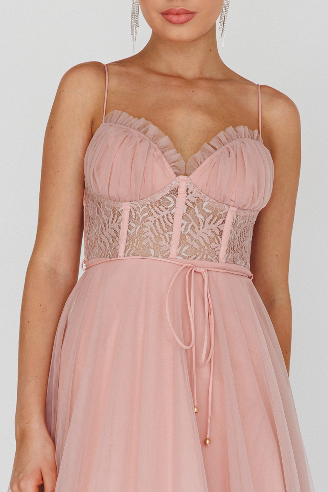 Trophy Lace Bodice Mesh Midi Dress Blush-Maymioy