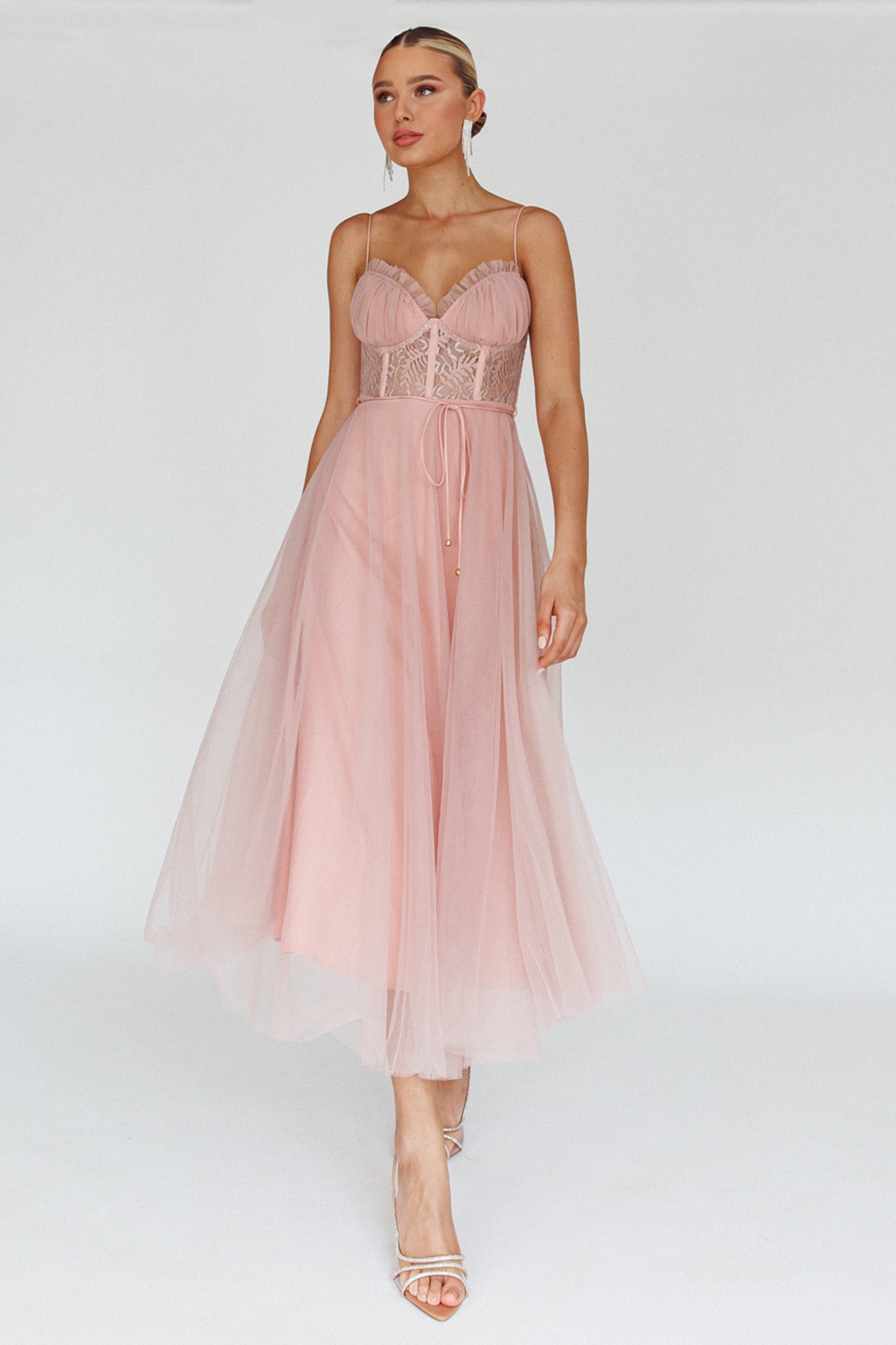 Trophy Lace Bodice Mesh Midi Dress Blush-Maymioy