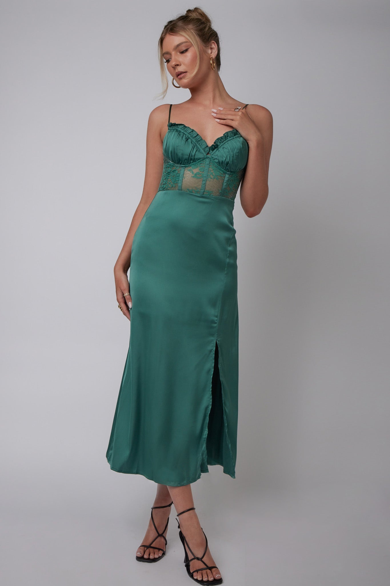 Trophy Lace Bodice Midi Dress Emerald-Maymioy